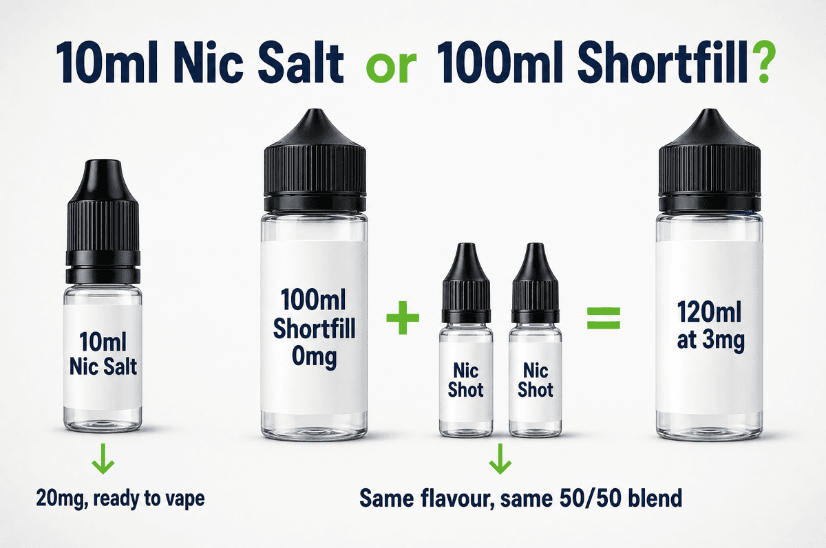 Comparing a 10ml nic salt bottle with a 100ml shortfill plus two nic shots
