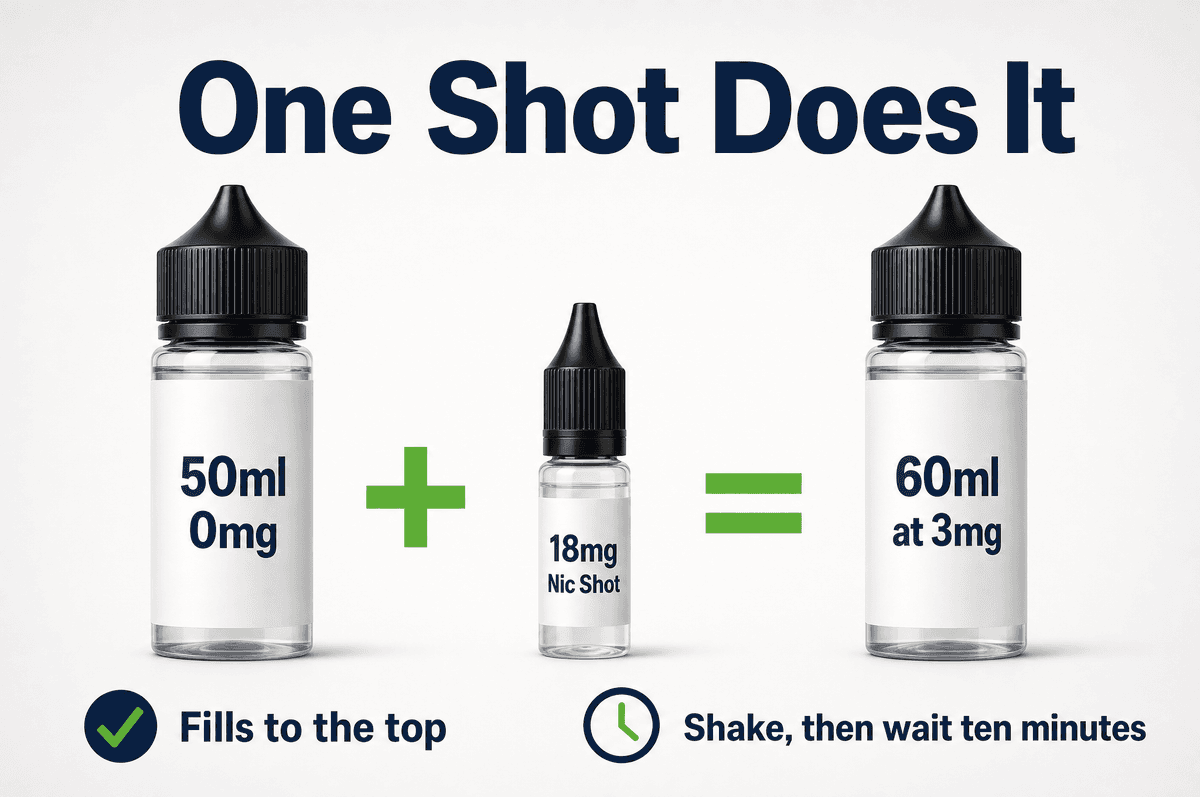 A 50ml shortfill plus one 18mg nic shot makes 60ml at 3mg