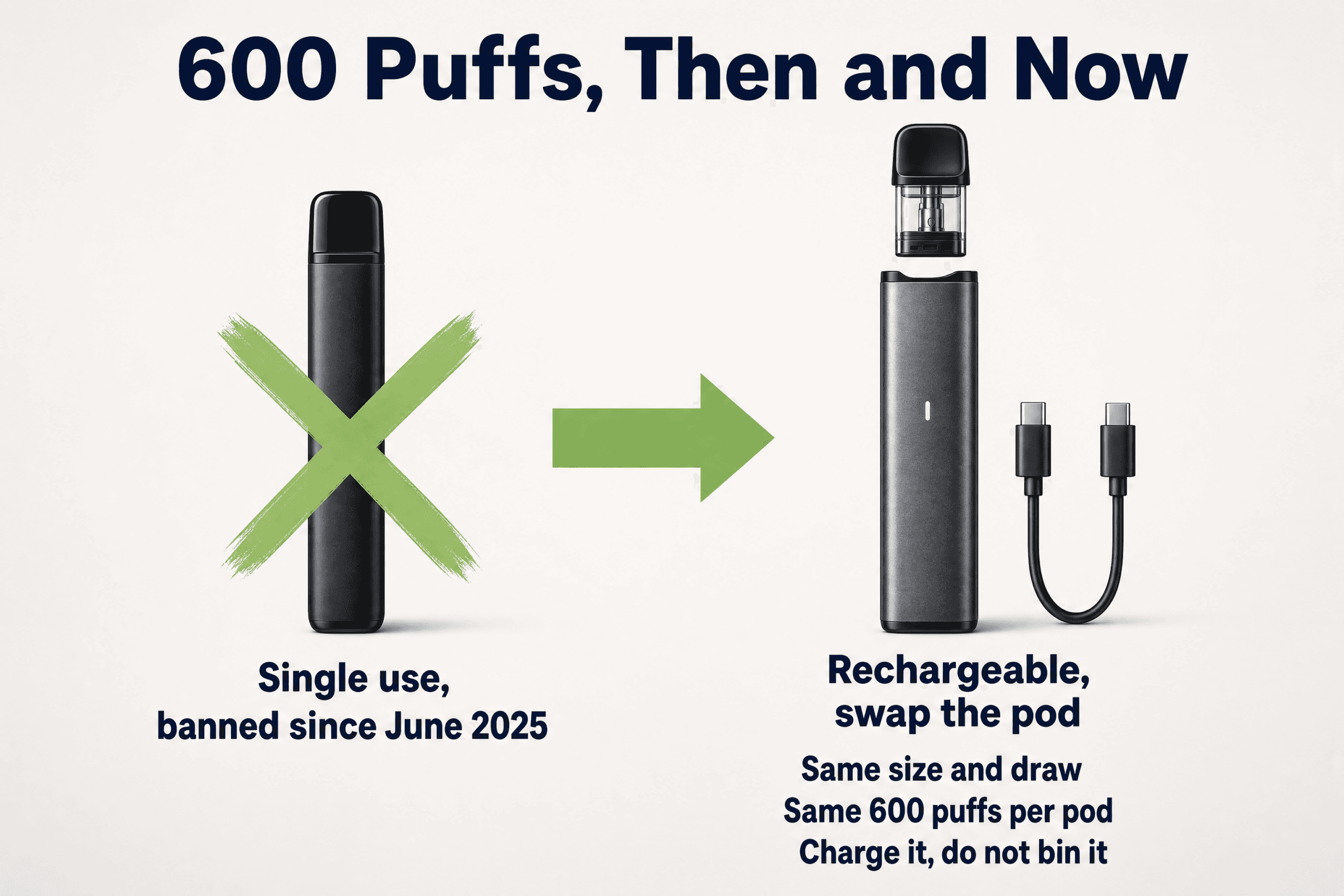 A single use 600 puff bar crossed out beside a rechargeable 600 puff pod kit with its replaceable pod and USB-C cable