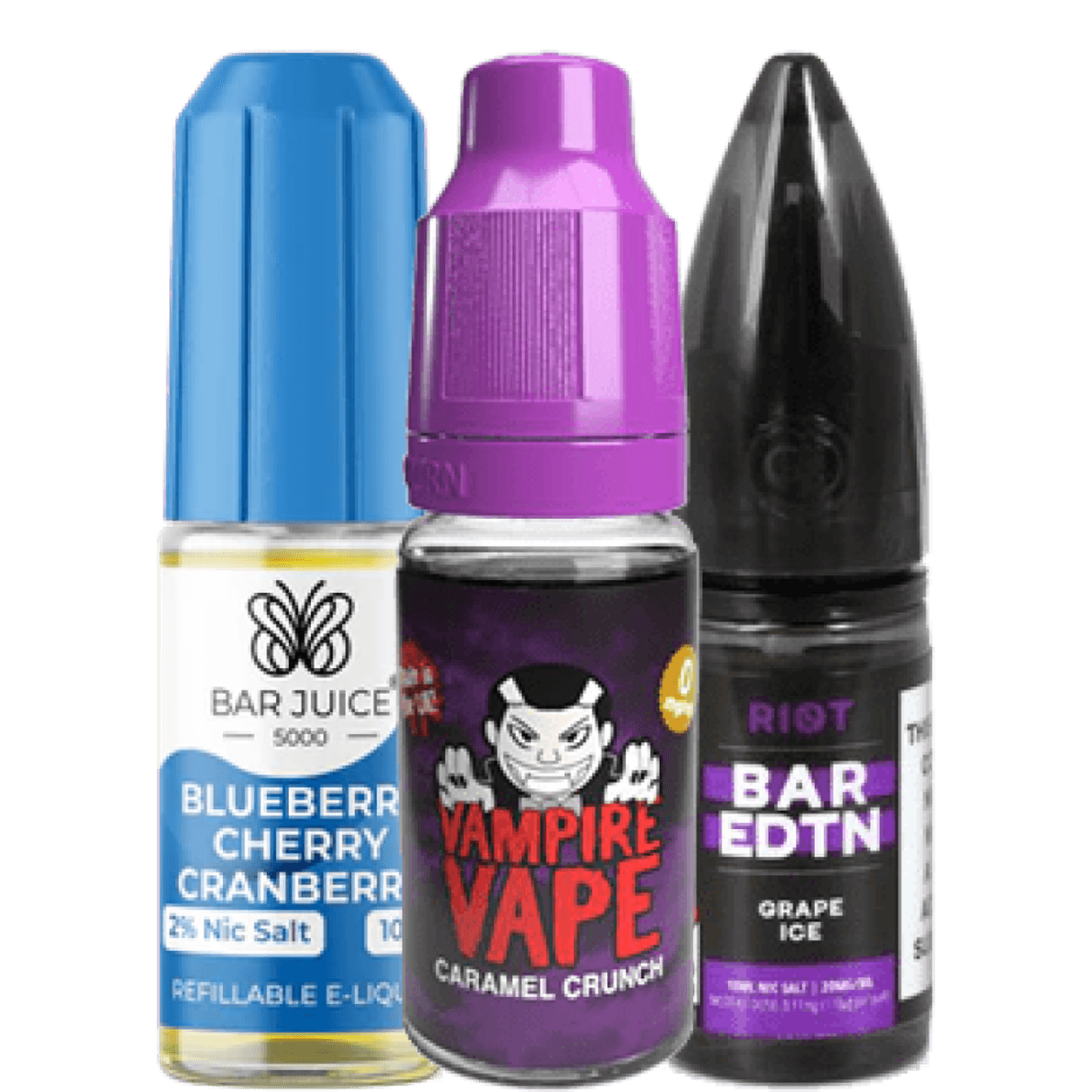 Bar Juice 5000, Vampire Vape and Riot 10ml e-liquid bottles