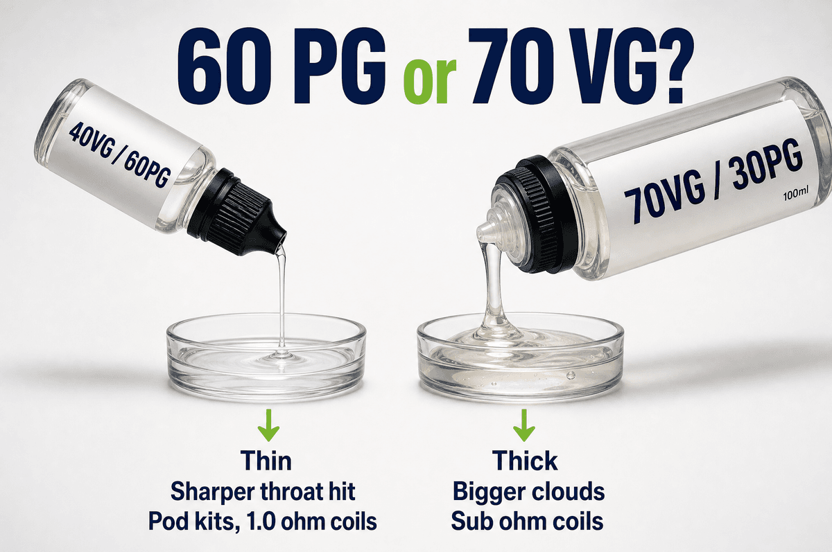 Thin 60PG liquid pours fast and hits harder, thick 70VG liquid pours slowly and clouds more