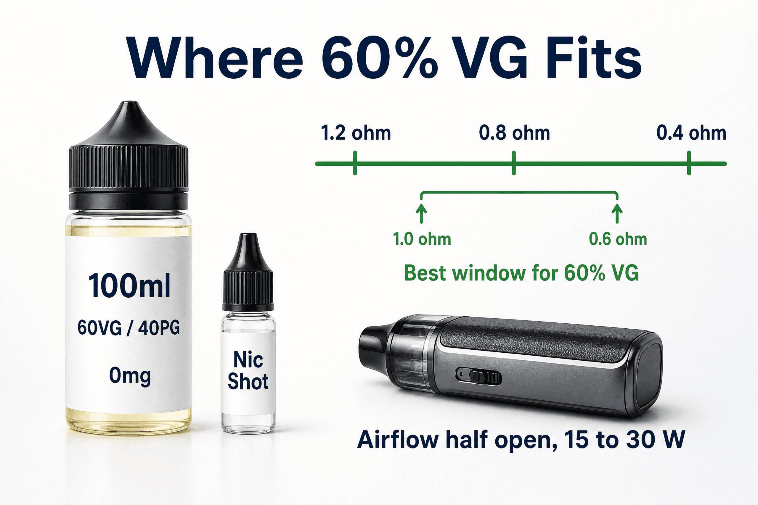 A 60 percent VG shortfill suits coils between 0.6 and 1.0 ohm with the airflow half open