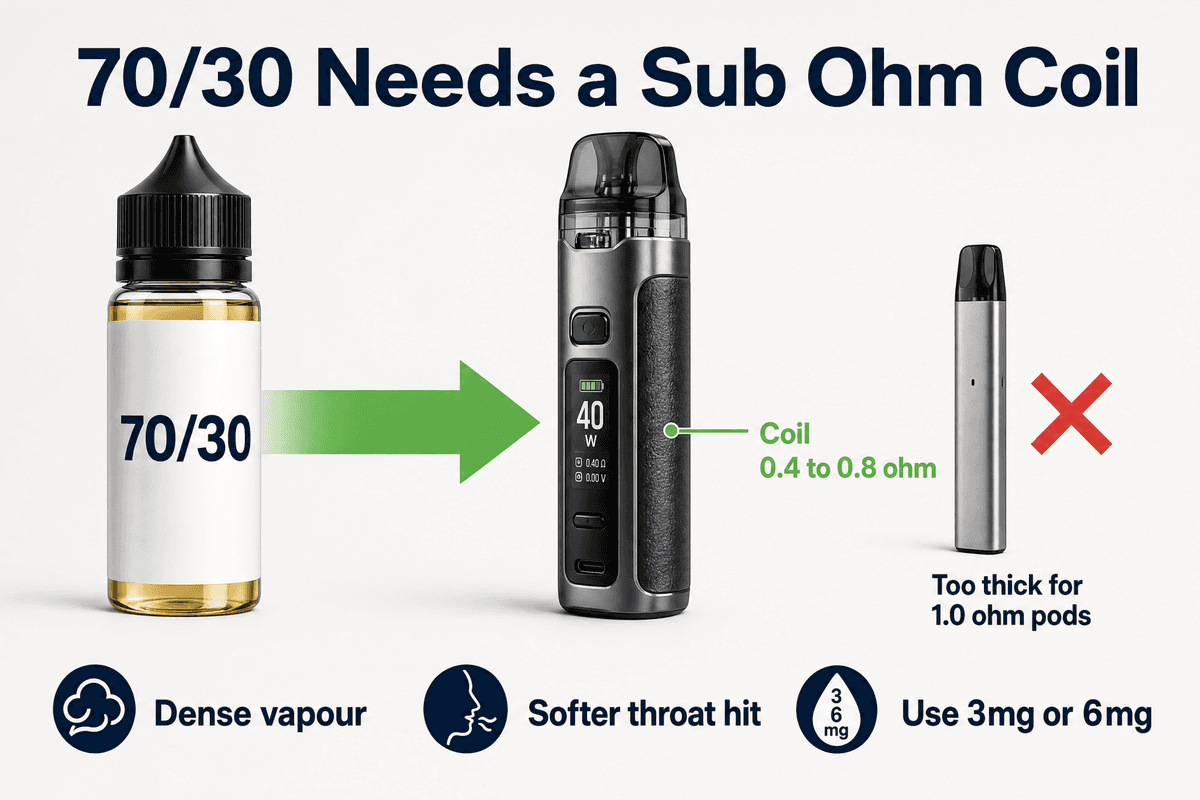 70/30 e-liquid needs a sub ohm coil between 0.4 and 0.8 ohm and a kit with enough power