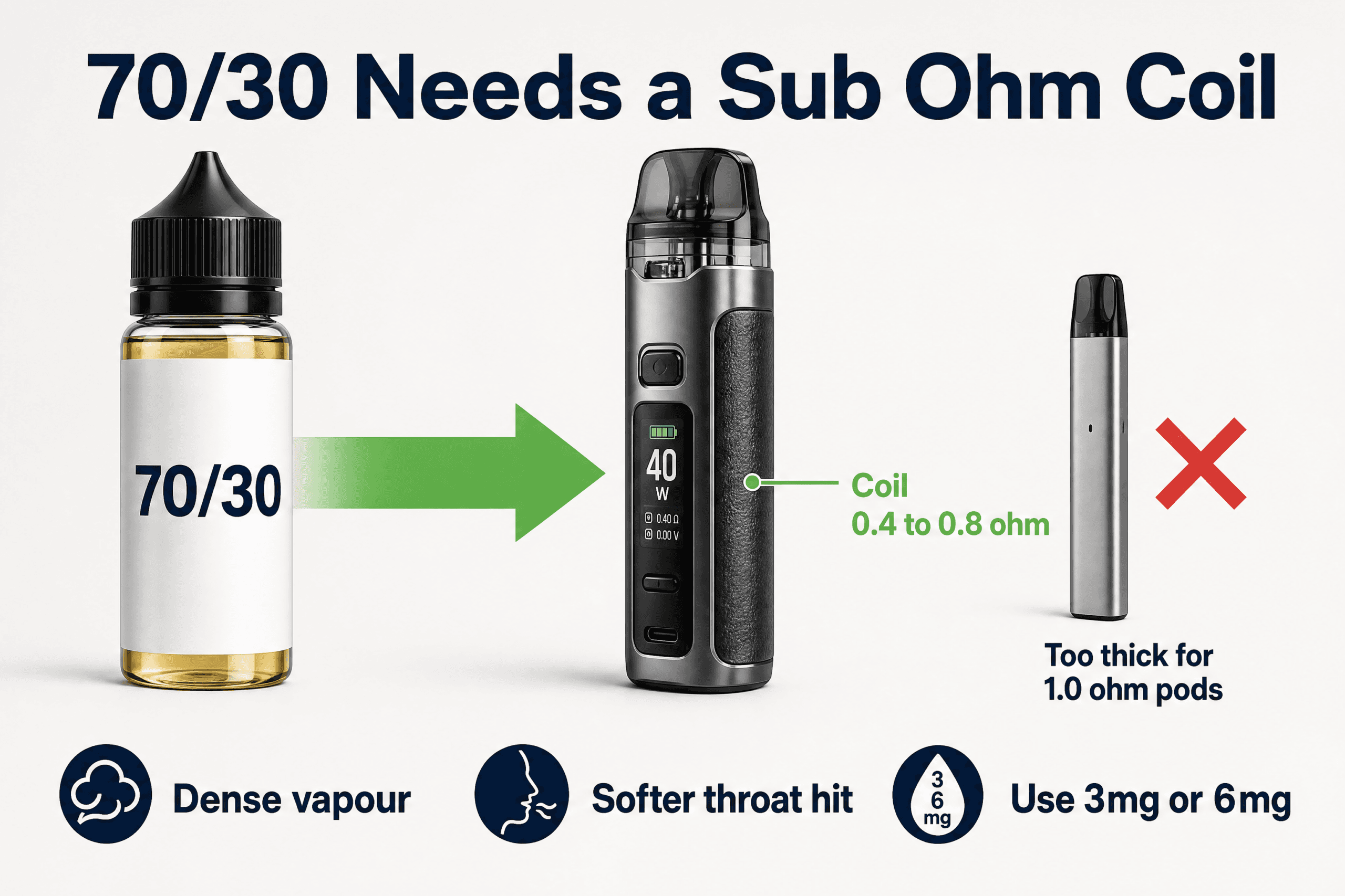 70/30 e-liquid needs a sub ohm coil between 0.4 and 0.8 ohm and a kit with enough power