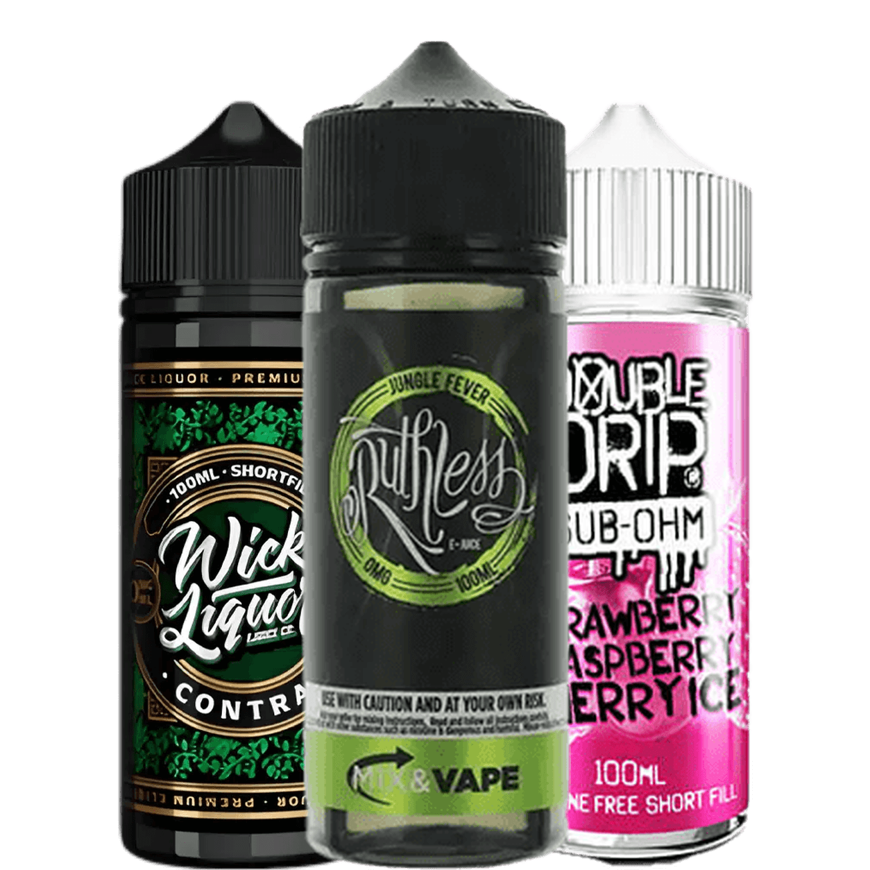 Wick Liquor, Ruthless and Double Drip 70% VG e-liquids