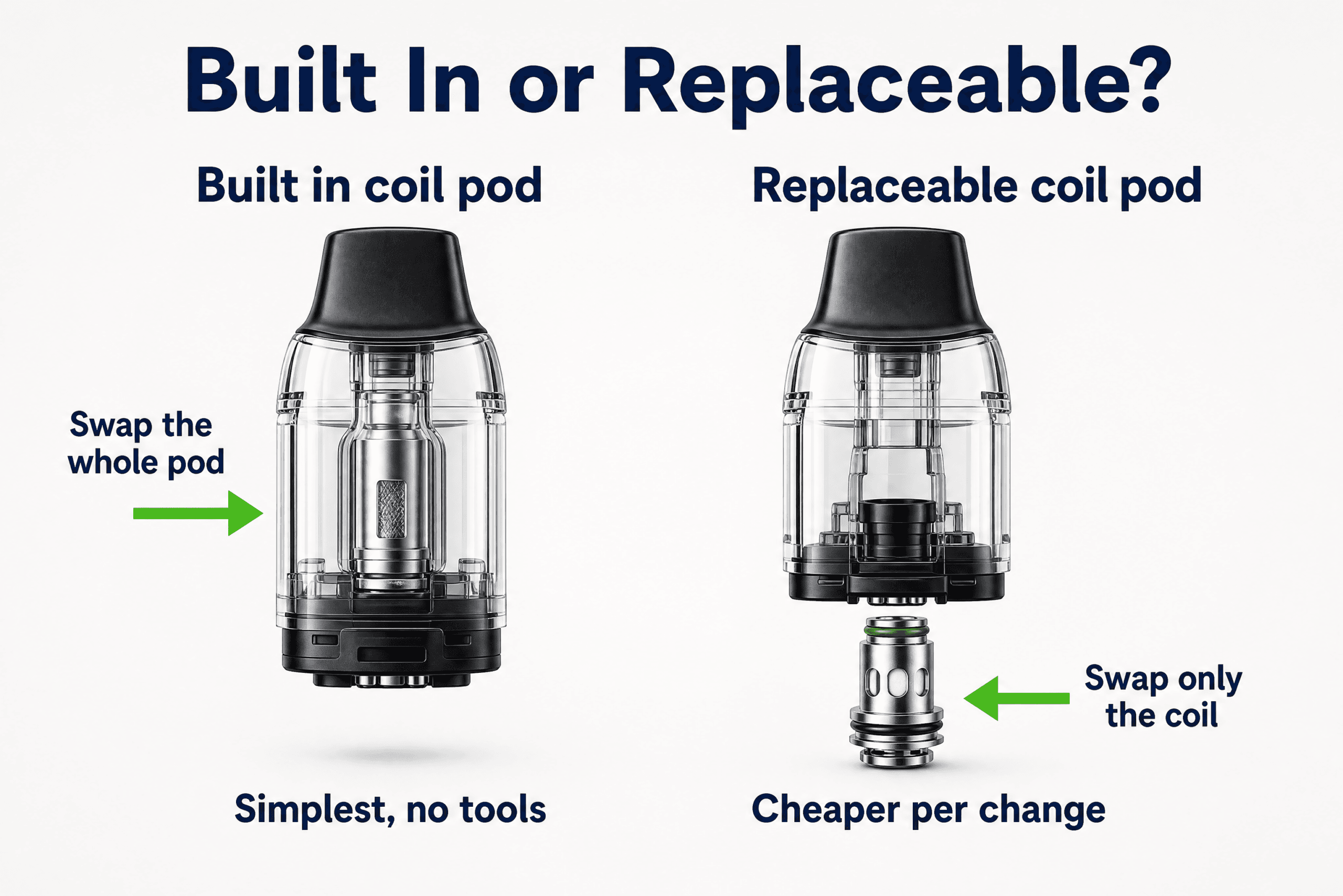 Cutaway comparison of a sealed built-in coil pod and a pod with a removable coil head