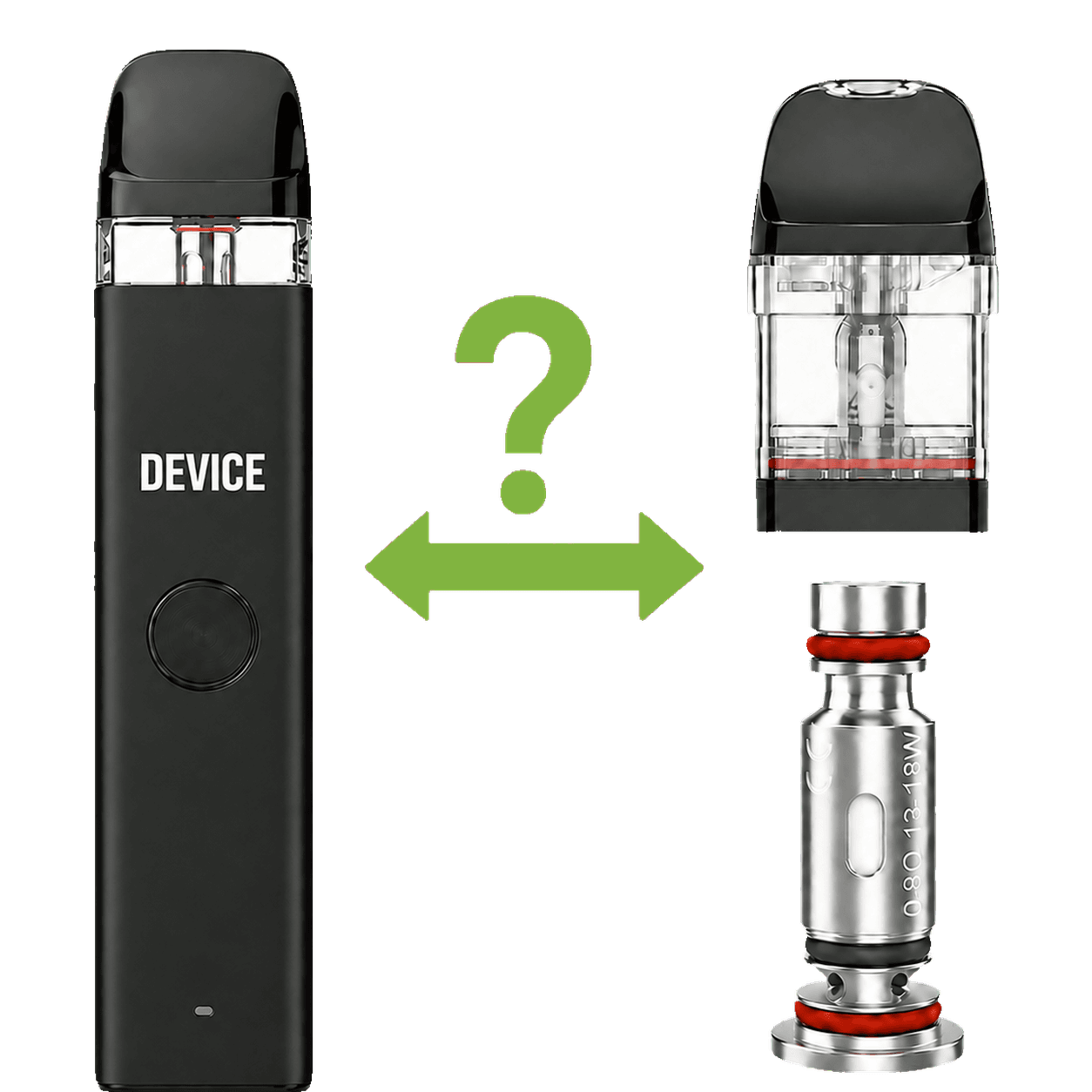 Black front-facing vape device with compatibility arrow, replacement pod and coil