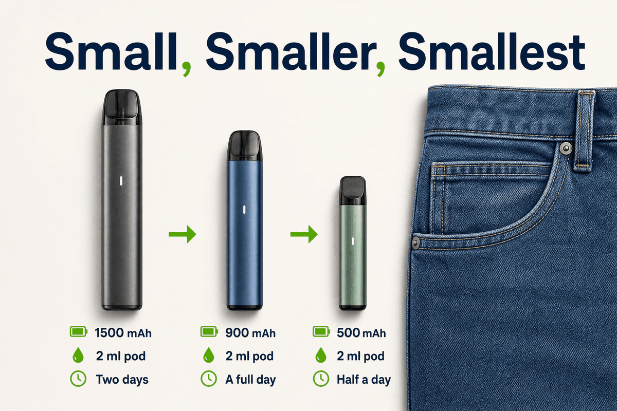 Compact vape kits compared by size, battery capacity and pod capacity