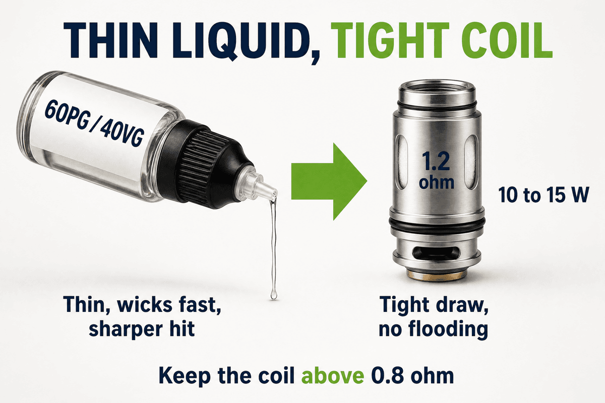 Thin high PG liquid wicks fast, so it pairs with a 1.0 to 1.2 ohm coil at 10 to 15 watts