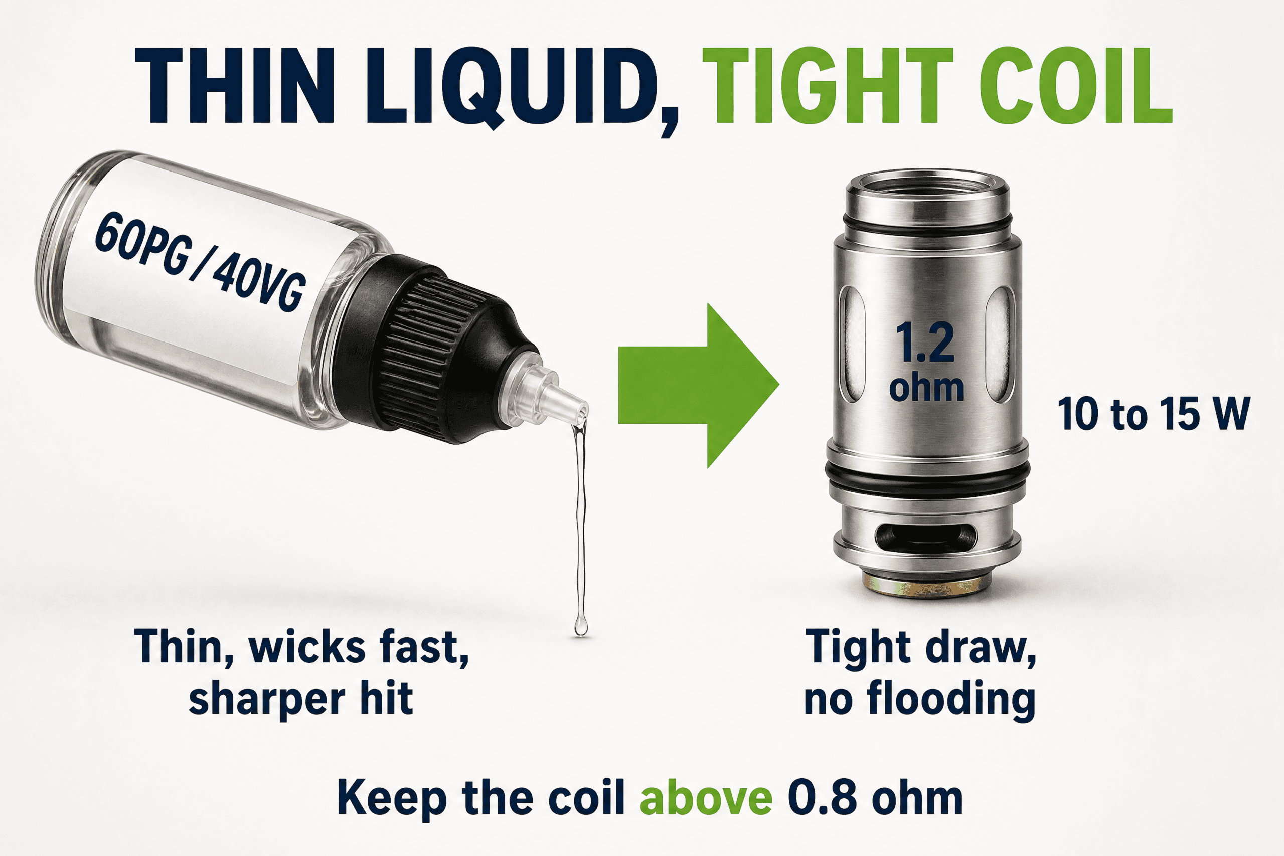 Thin high PG liquid wicks fast, so it pairs with a 1.0 to 1.2 ohm coil at 10 to 15 watts
