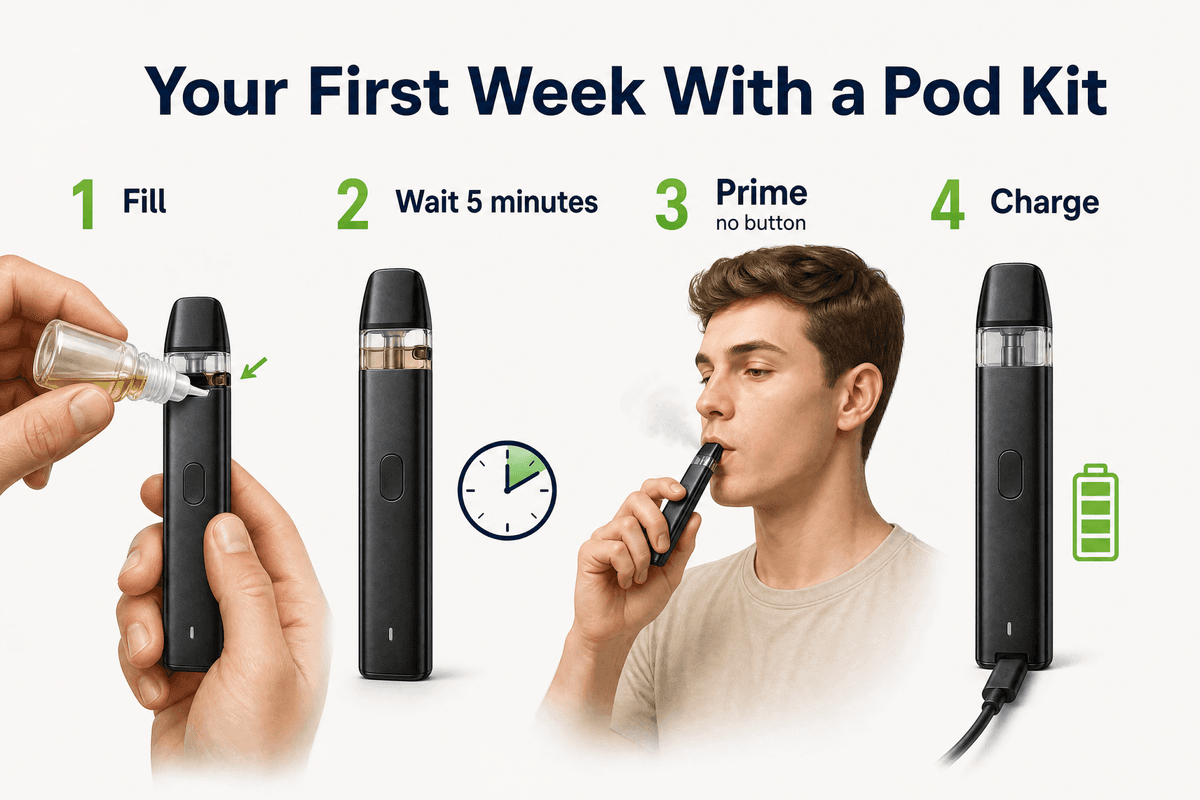 Four step guide to filling, priming and charging a first pod kit