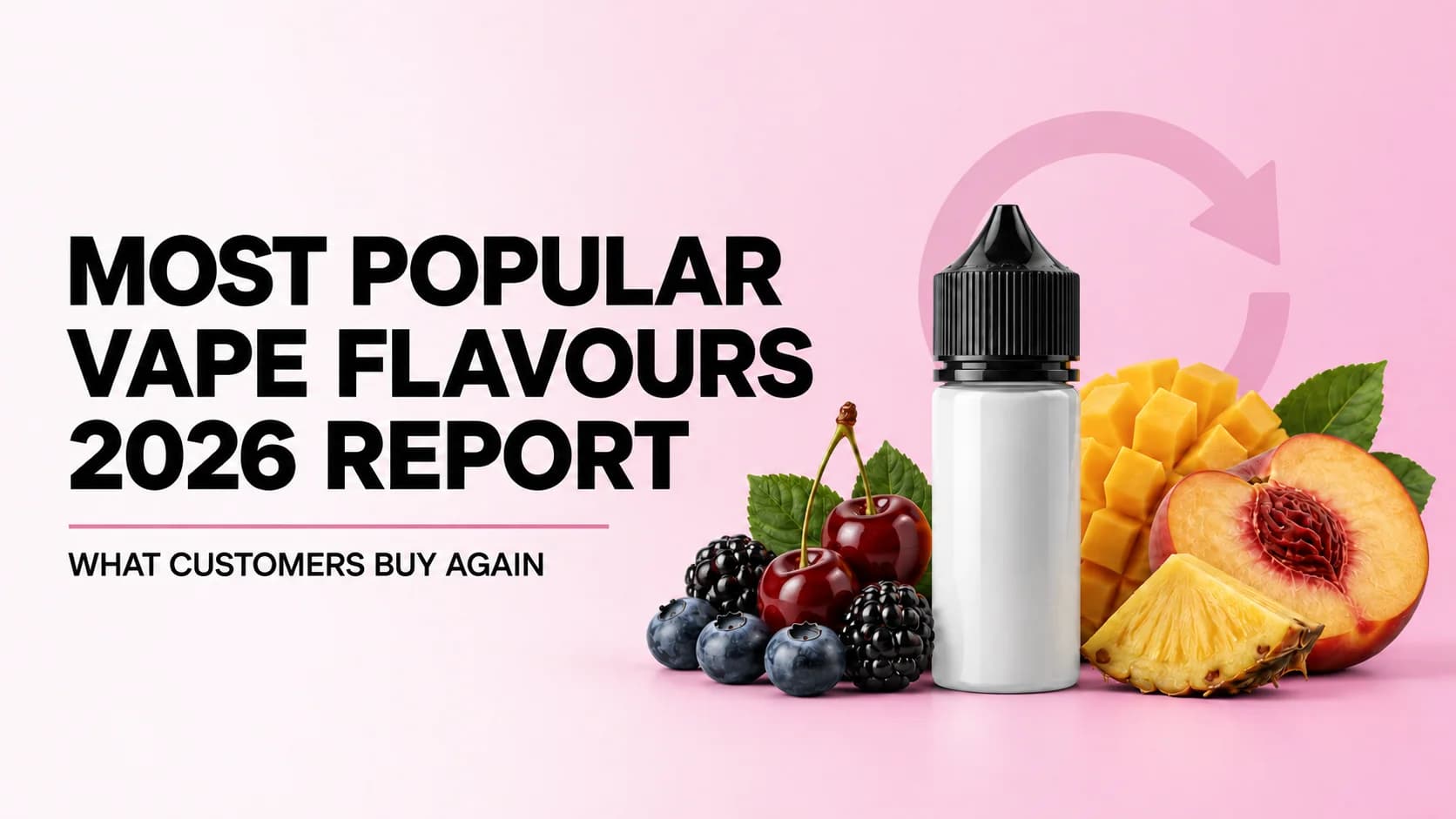 Unbranded e-liquid bottle with berries, cherries, mango, peach and pineapple beside a repeat-purchase arrow, with the heading Most Popular Vape Flavours 2026 Report