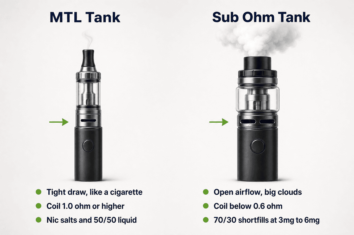 MTL tank and sub ohm tank compared by draw, coil resistance and the liquid each takes