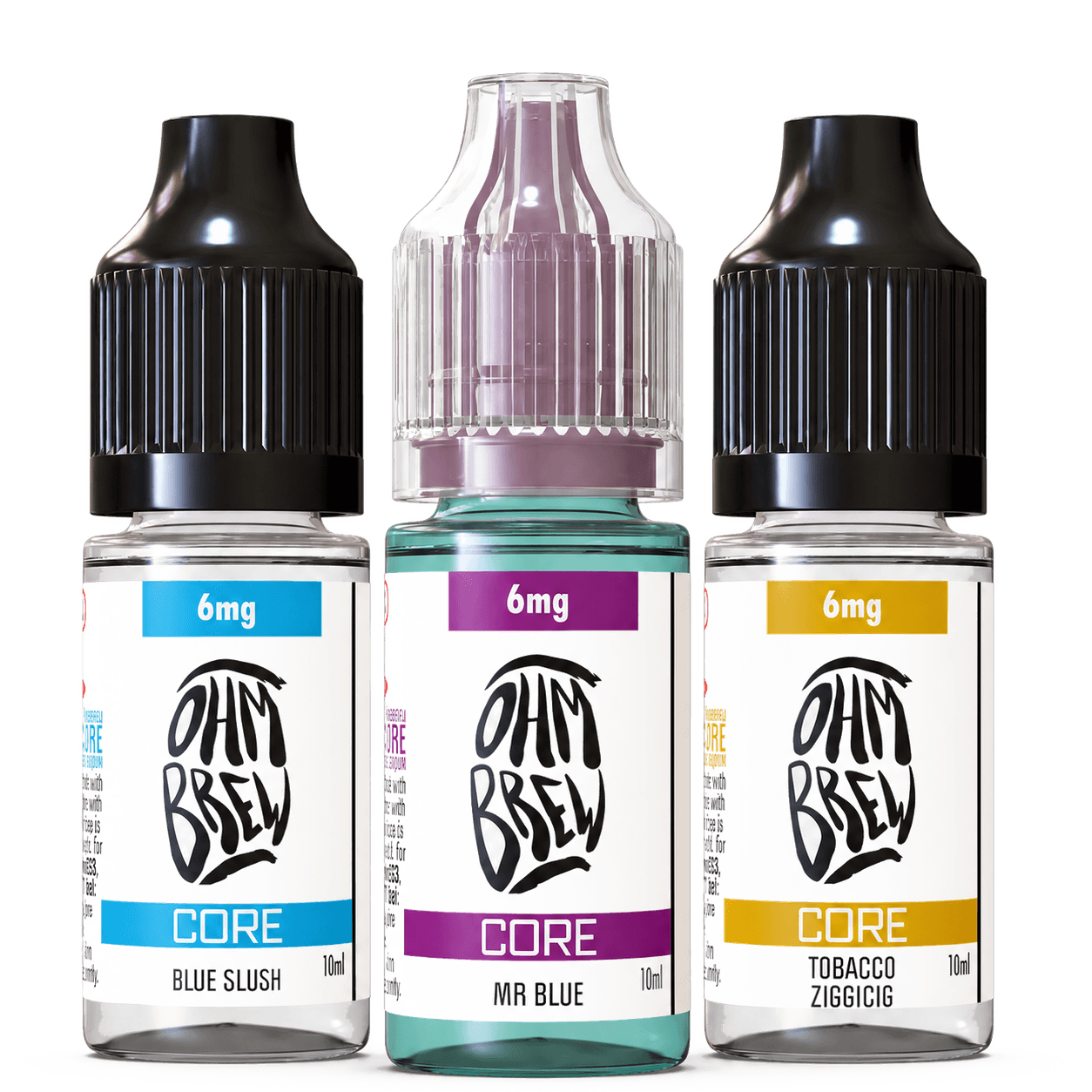 Three Ohm Brew Core e-liquid bottles
