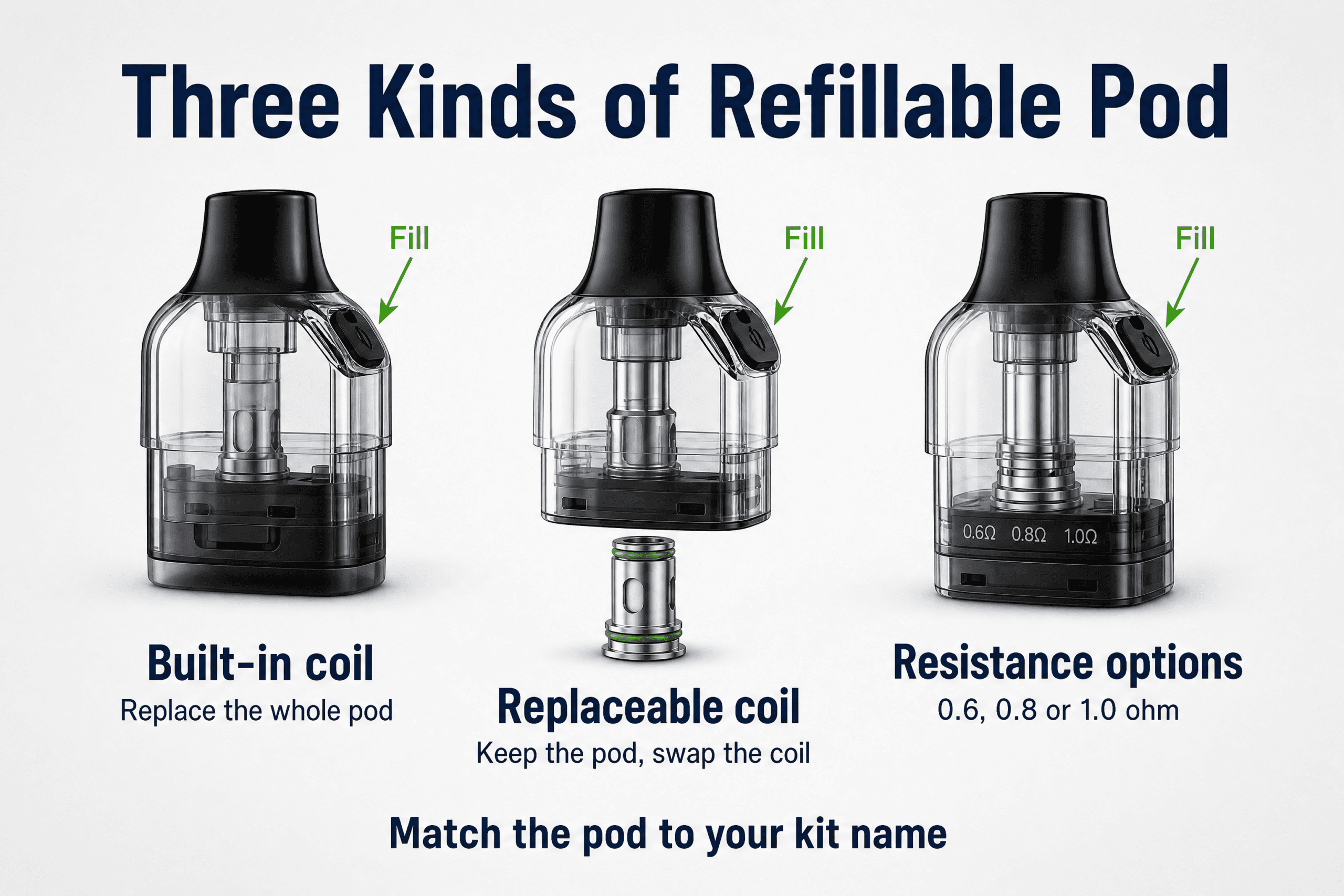 Three types of refillable vape pod: built-in coil, replaceable coil and multi resistance options