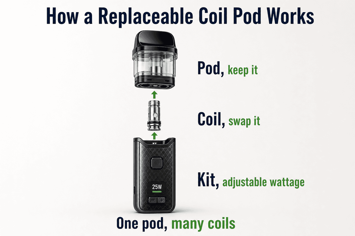 A replaceable coil pod: the coil head pushes into the base of the pod and the pod clicks into the kit