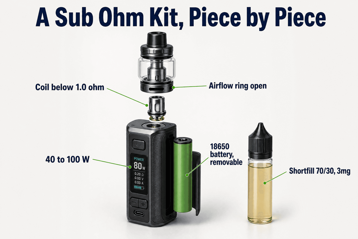 A sub ohm mod and tank setup labelled: coil below 1 ohm, 40 to 100 watts, 70/30 shortfill at 3mg, airflow open, 18650 battery