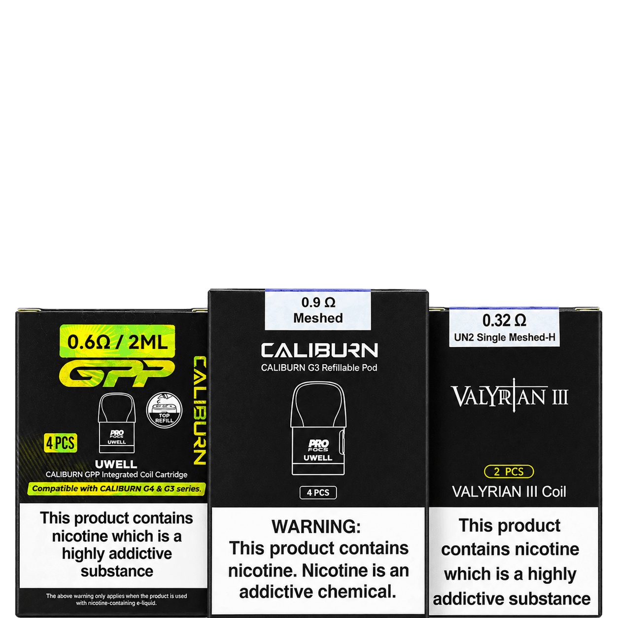 Three Uwell replacement pod and coil product boxes