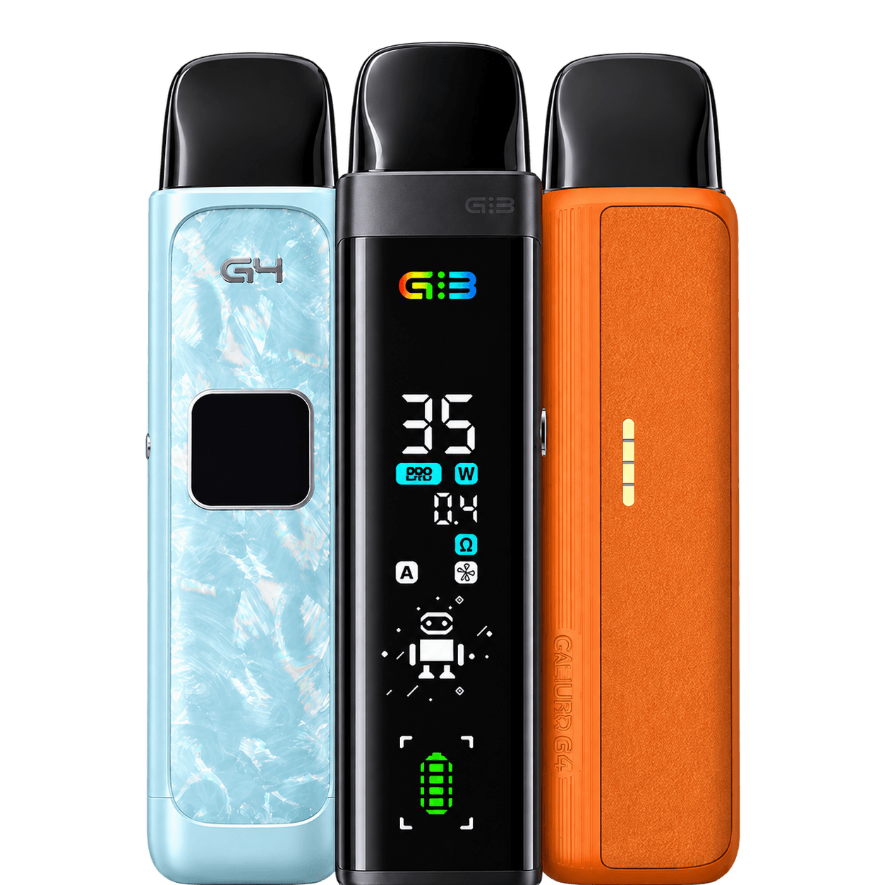 Three Uwell pod kit devices aligned on one baseline