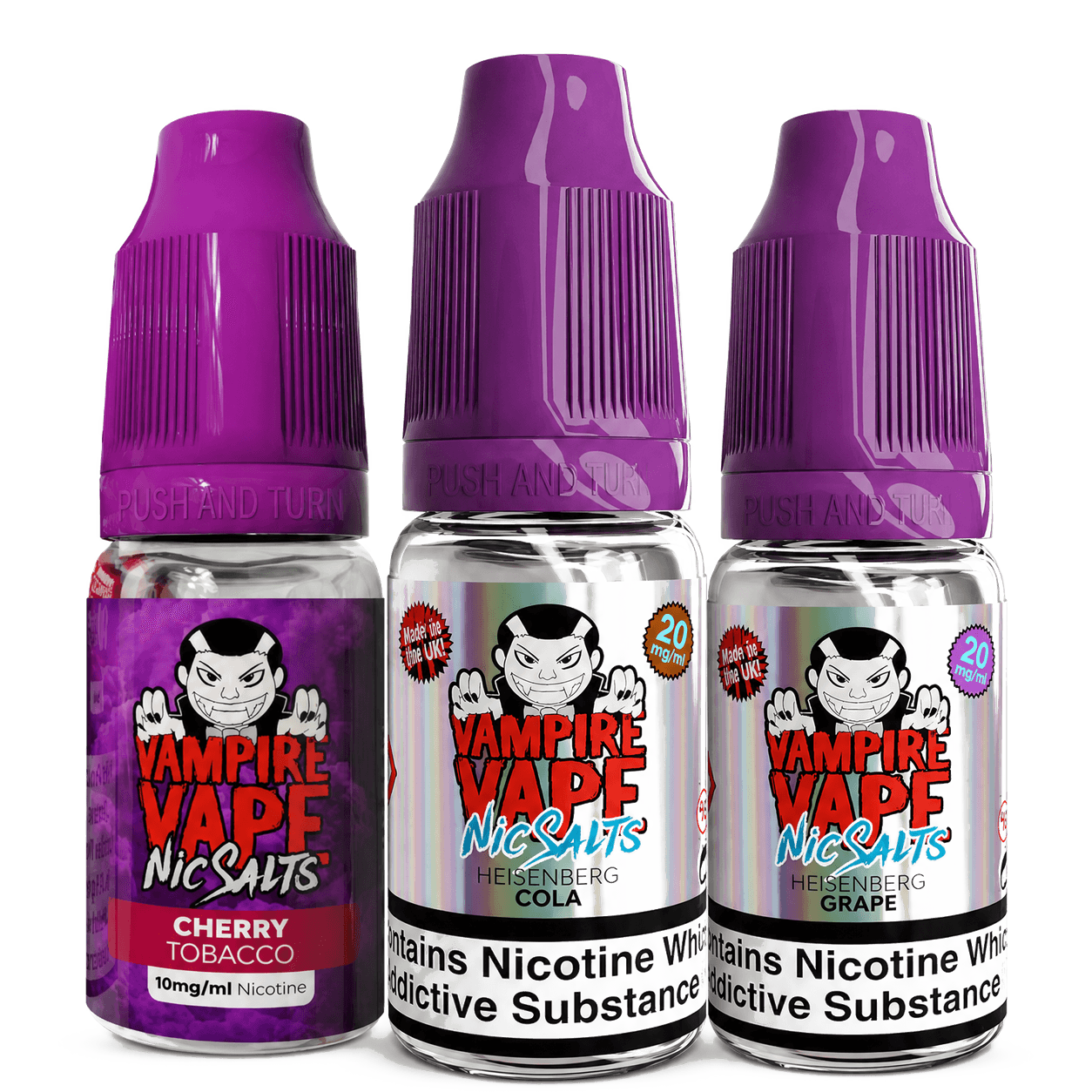 Three Vampire Vape Nic Salts e-liquid bottles
