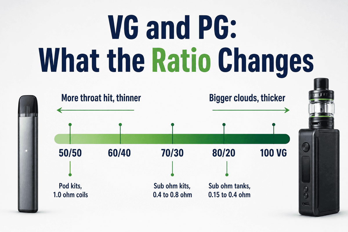 VG and PG ratio scale showing throat hit, flavour, cloud size and the coil each blend needs