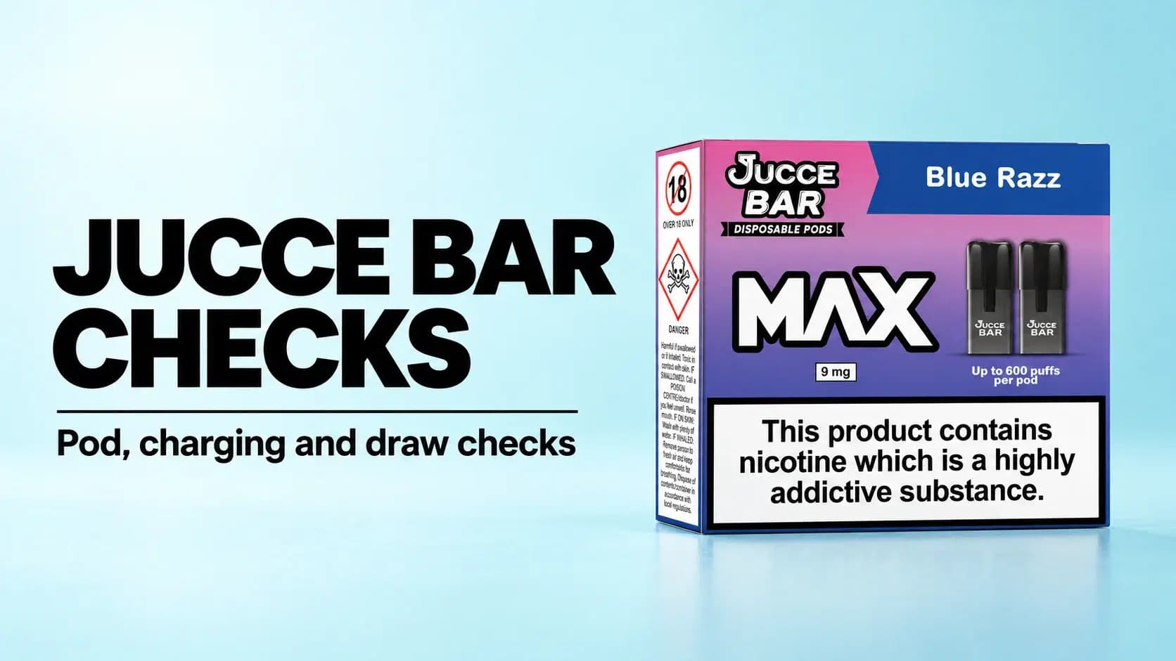 Jucce Bar Checks banner beside a Blue Razz Jucce Bar MAX pod pack on a pale aqua background.