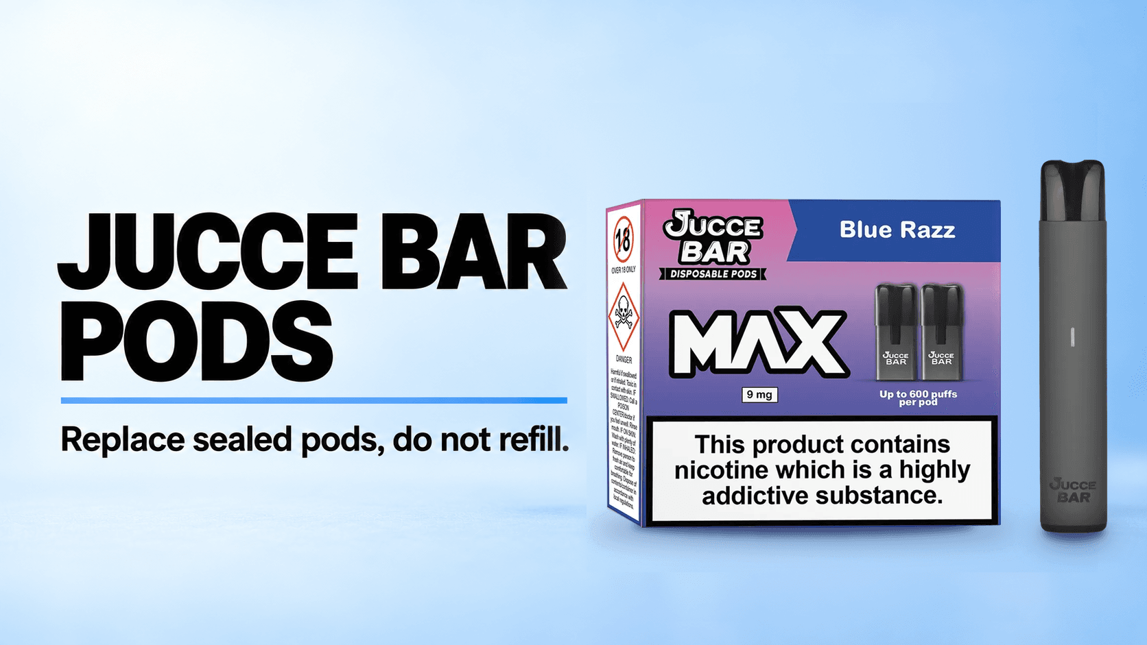 JUCCE BAR PODS headline beside a Jucce Bar prefilled pods pack in Blue Razz and a grey Jucce Bar device on a pale blue background.