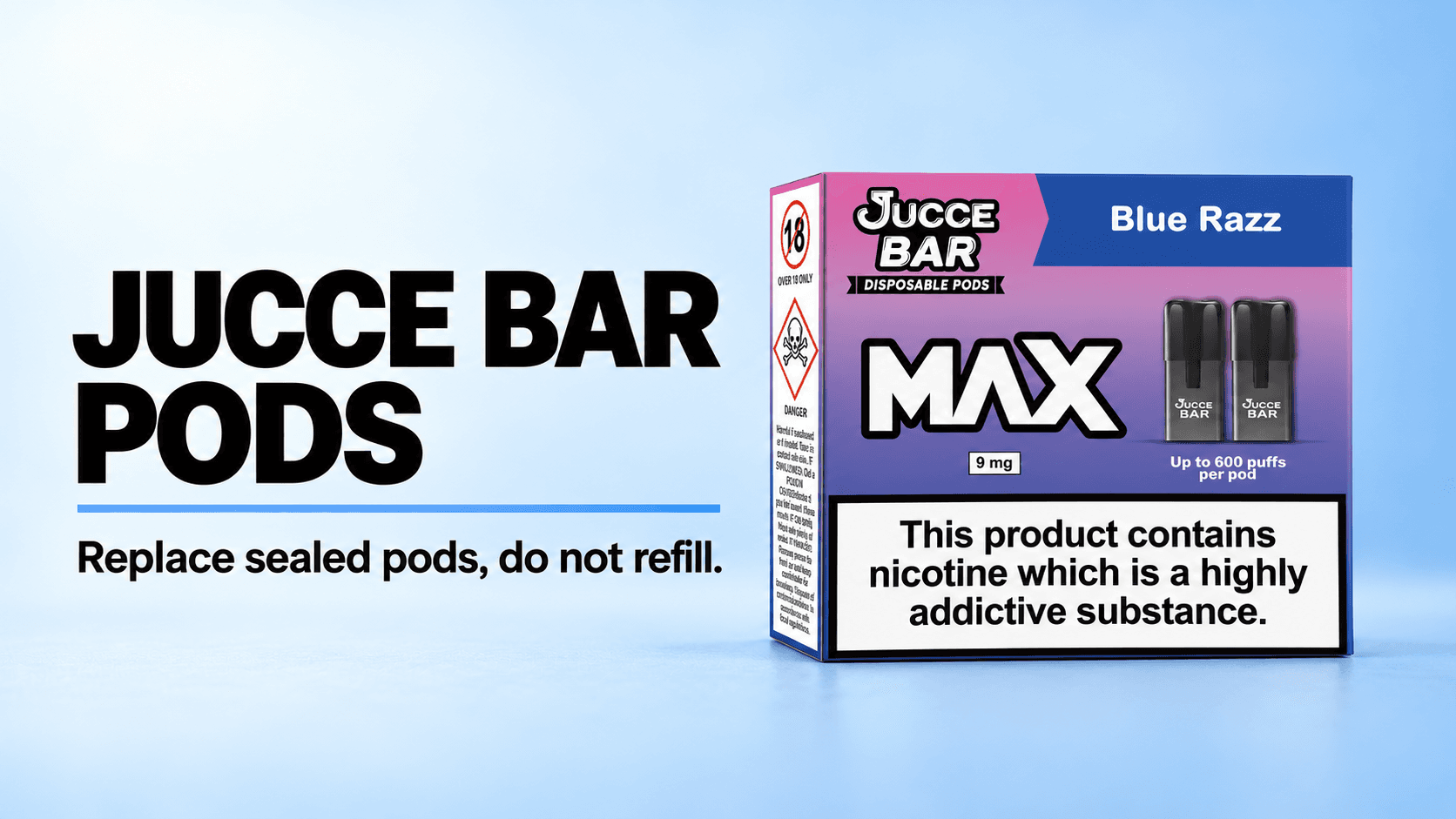 JUCCE BAR PODS headline beside Jucce Bar MAX Blue Razz pod packaging on a pale blue background.