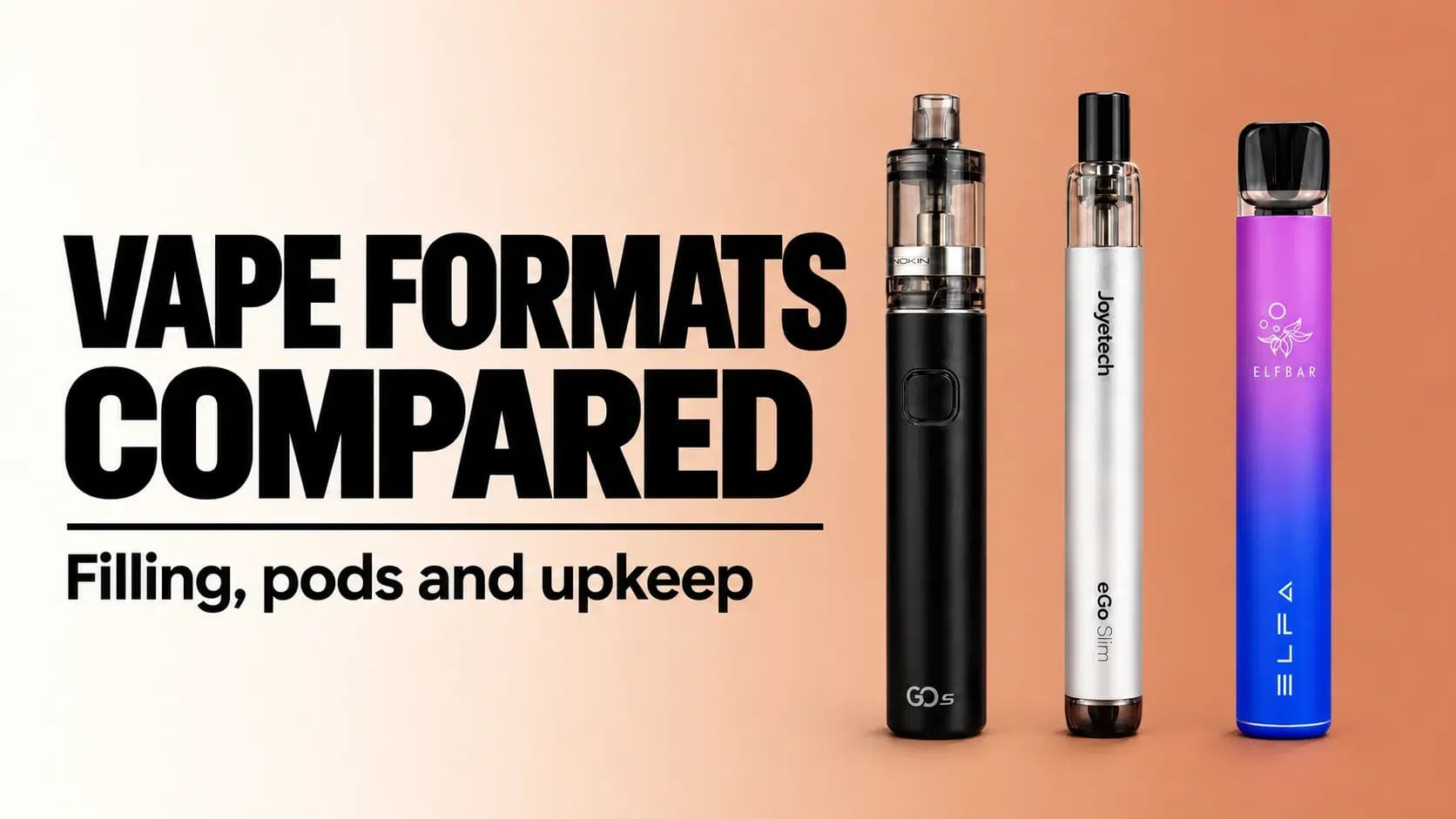 Vape Formats Compared banner with an Innokin Go S, silver Joyetech eGo Slim and Elf Bar Elfa PRO on a terracotta gradient, pale on the left and stronger on the right.
