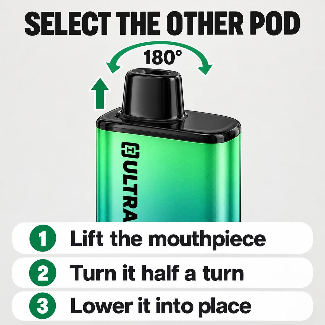 Illustrated Hyola Ultra 30K selector: lift the mouthpiece, turn it 180 degrees and lower it into place
