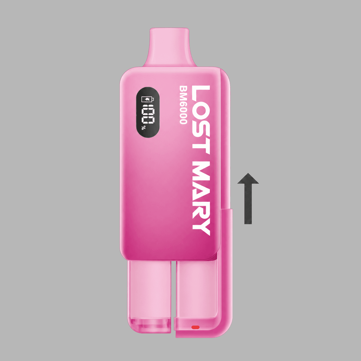 BM6000 refill container aligned with the device, with an upward arrow showing insertion.