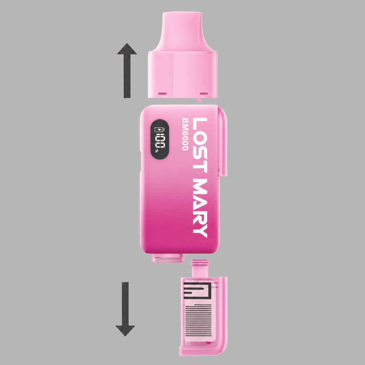 BM6000 pod lifted upwards and refill container removed downwards from the reusable device.