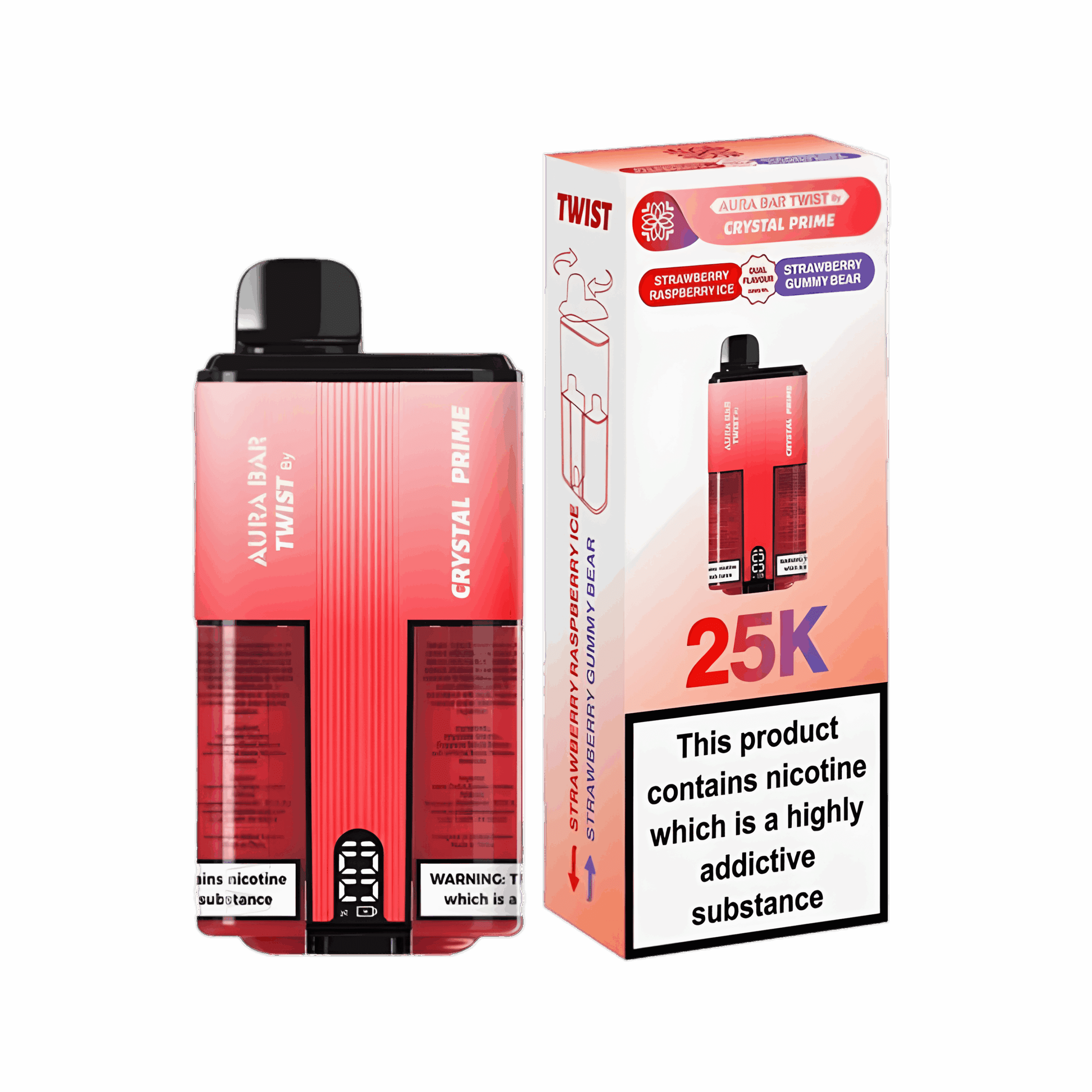 Crystal Prime 25K Twist Disposable Vape Kit Strawberry Raspberry Ice-Strawberry Gummy Bear