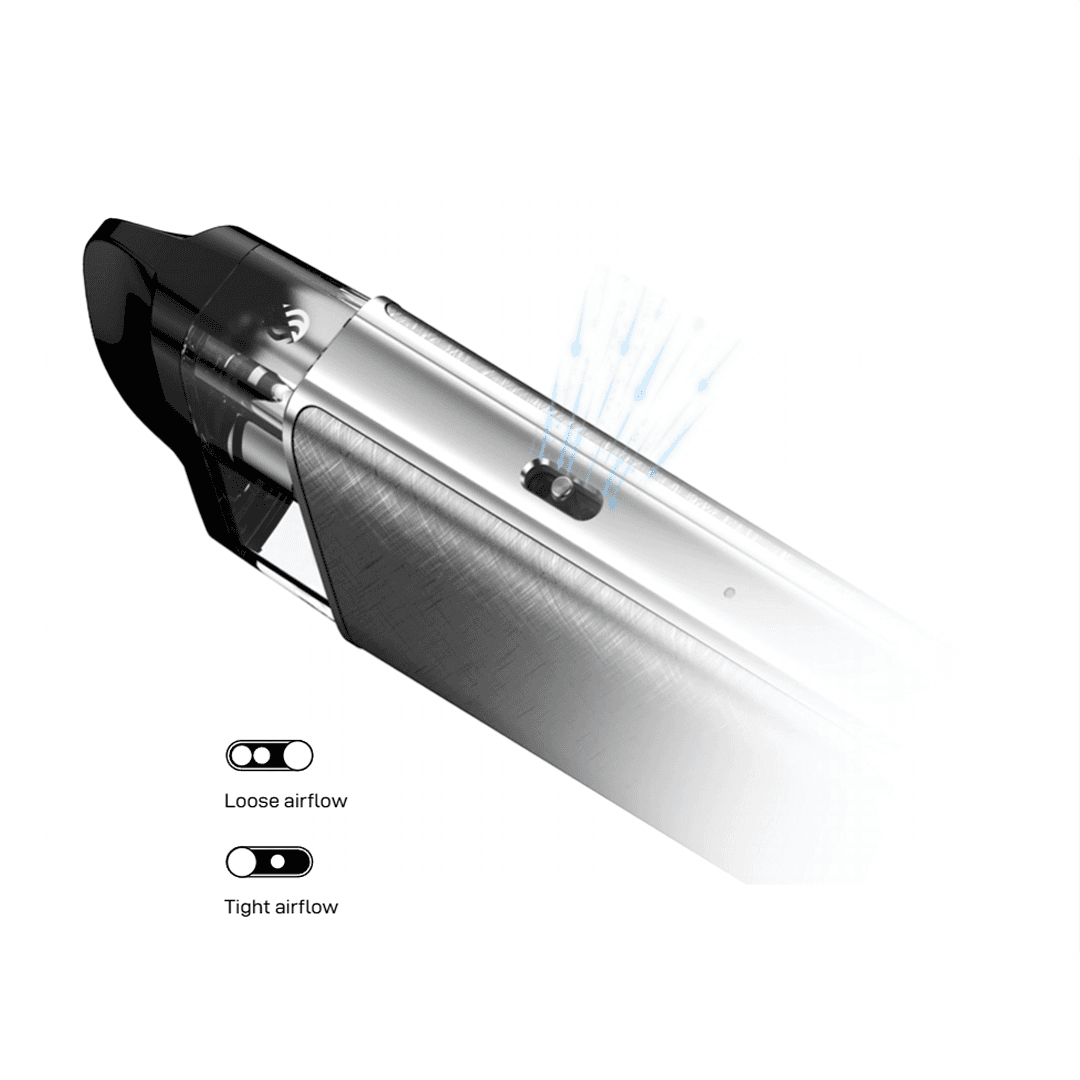 A close-up image of the Vaporesso XROS 5 Pod Vape Kit in silver, highlighting its adjustable airflow feature. The device has a transparent pod window and a sleek aluminum body. Blue lines illustrate airflow exiting the device, with a slider shown in two positions: "Loose airflow" (two open dots) and "Tight airflow" (one dot partially closed). The background is white, emphasizing the device's design and airflow functionality.