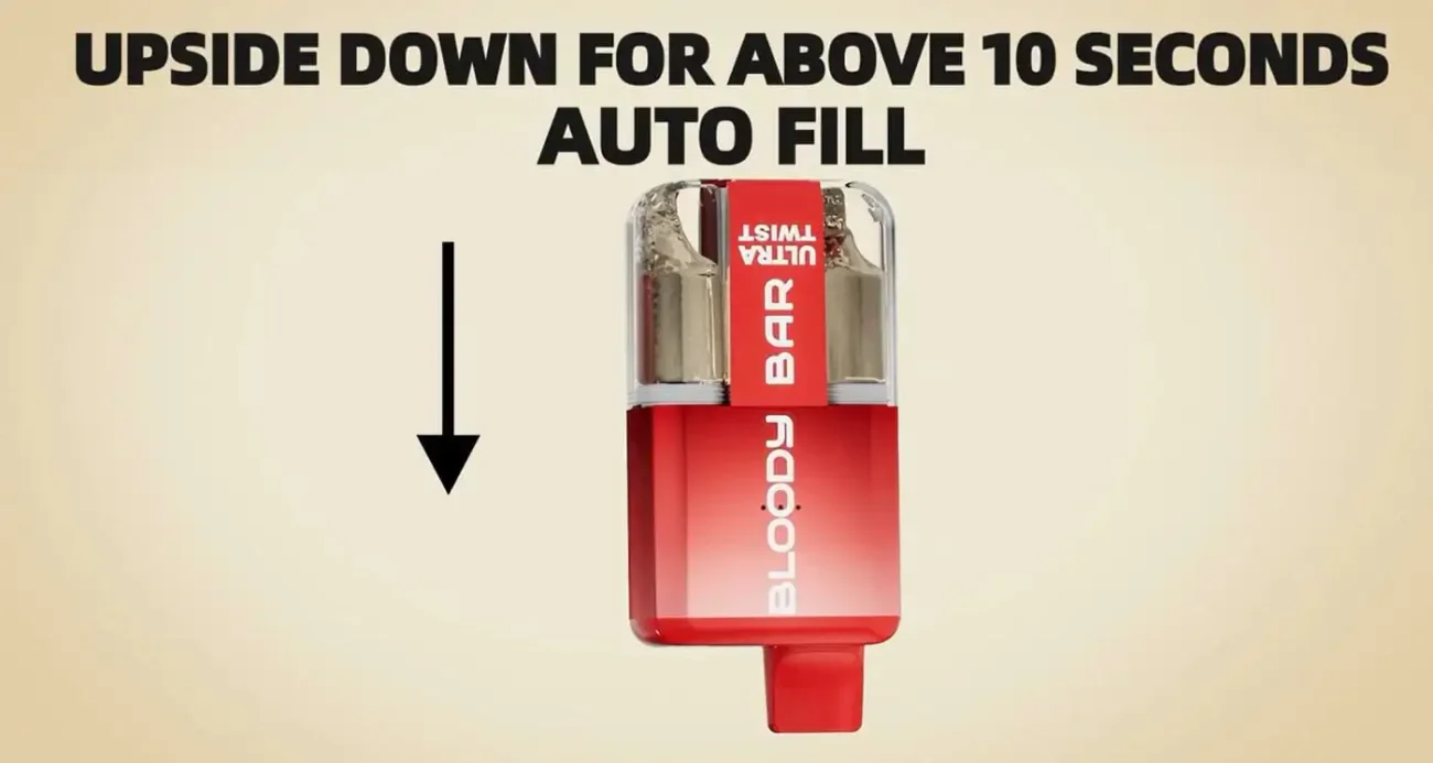 Visual guide for auto-filling the Bloody Bar Ultra-Twist 20K by turning the device upside down for 10 seconds.