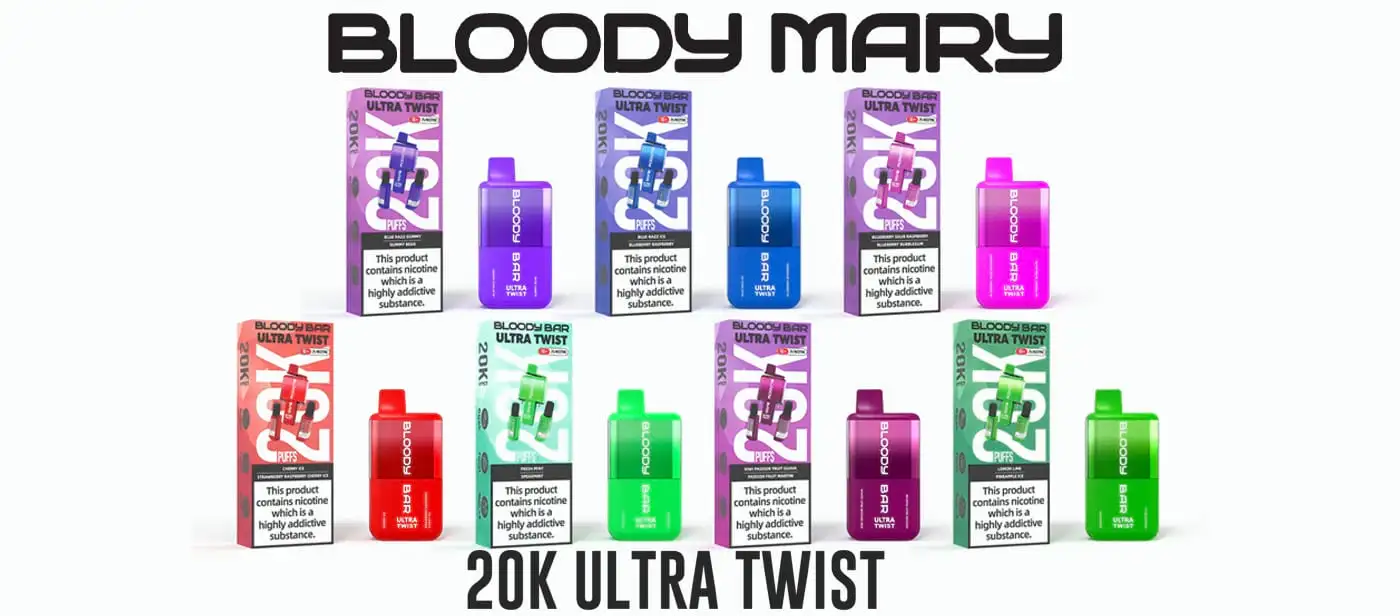 Additional lineup of Bloody Mary Bloody Bar Ultra-Twist 20K vape flavors, featuring vibrant, eye-catching packaging for each flavor.