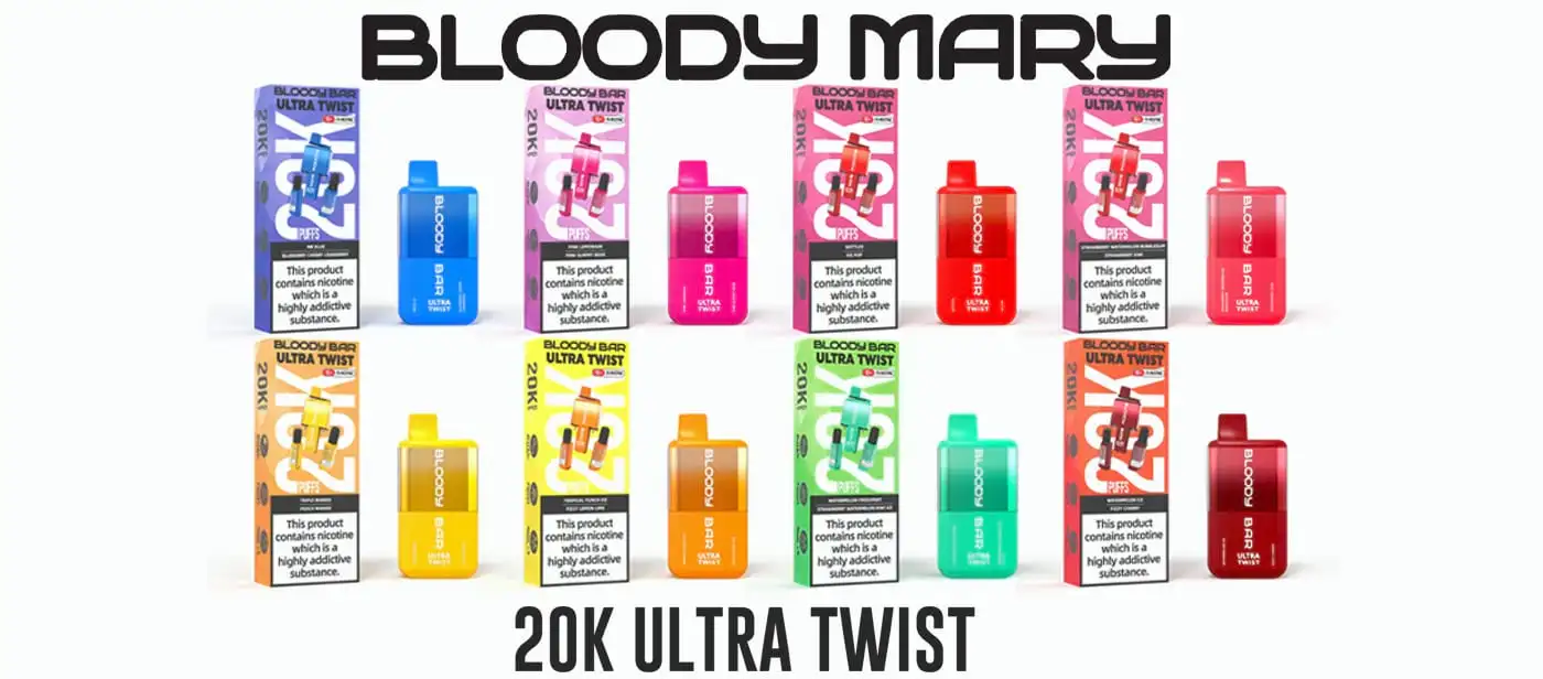 Display of various Bloody Mary Bloody Bar Ultra-Twist 20K disposable vape flavors, showcasing colorful packaging and device designs.