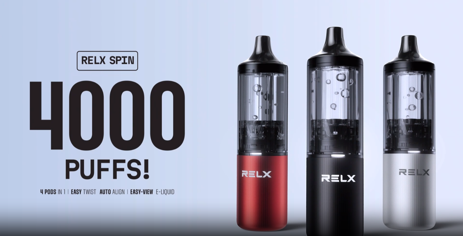 Relx Spin Pod Kit banner that shows all the features it has and 3 different colours