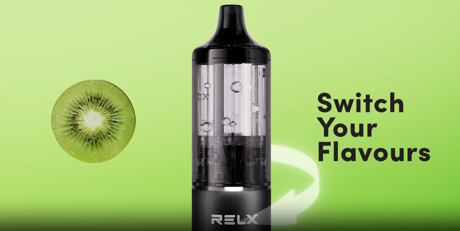 Relx Spin Pod Kit in black, featuring a sleek design with a transparent chamber showing four prefilled pods.