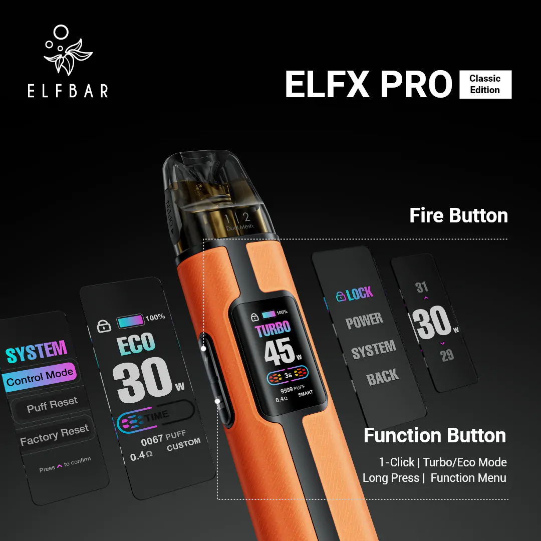 0.96” Display Screen: See and control wattage, modes & coil resistance at a glance.