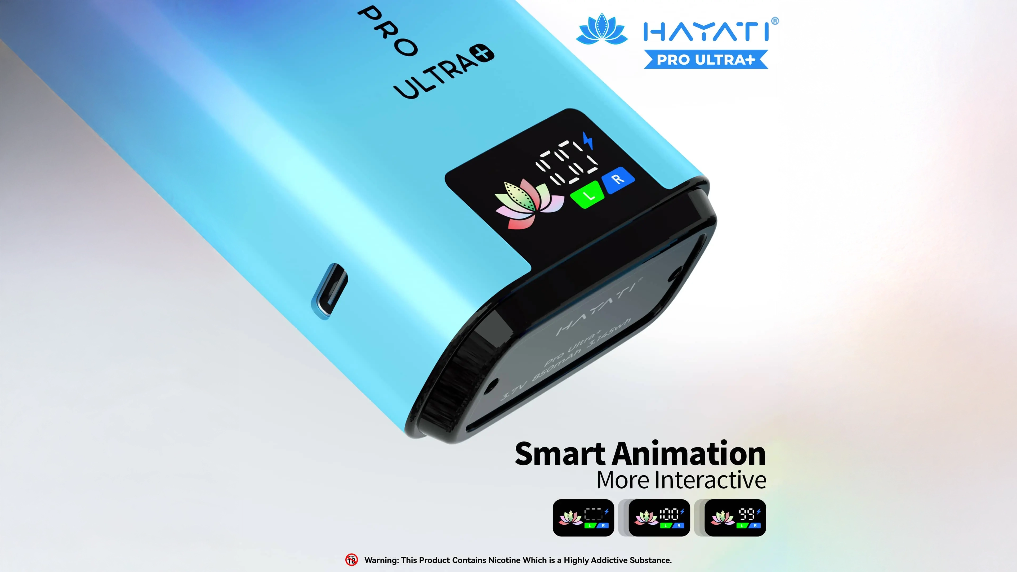 Close-up of Hayati Pro Ultra Plus 25000 vape with smart animated display showing battery and e-liquid levels, labeled 