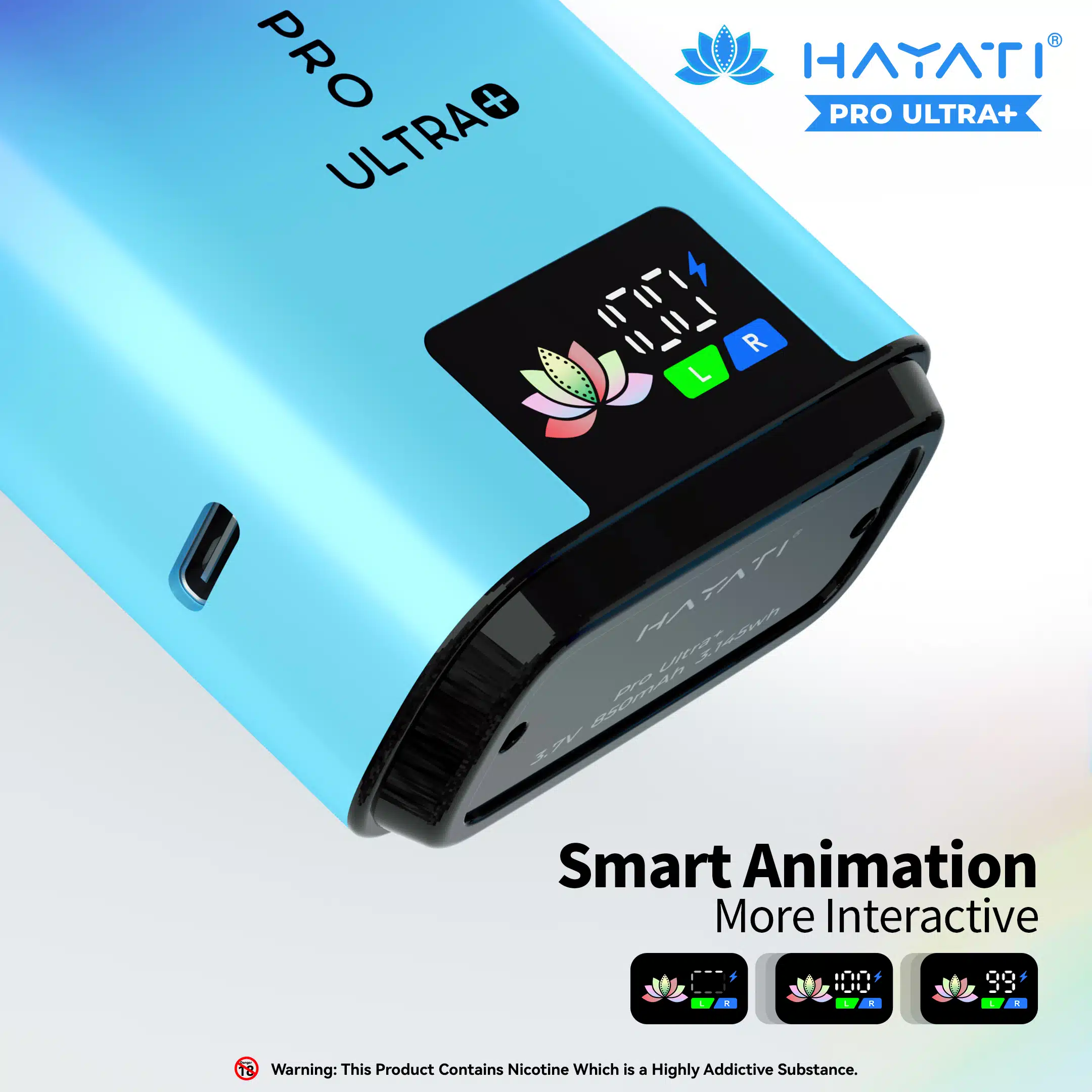 Close-up of Hayati Pro Ultra Plus 25000 vape with smart animated display showing battery and e-liquid levels, labeled "Smart Animation More Interactive.