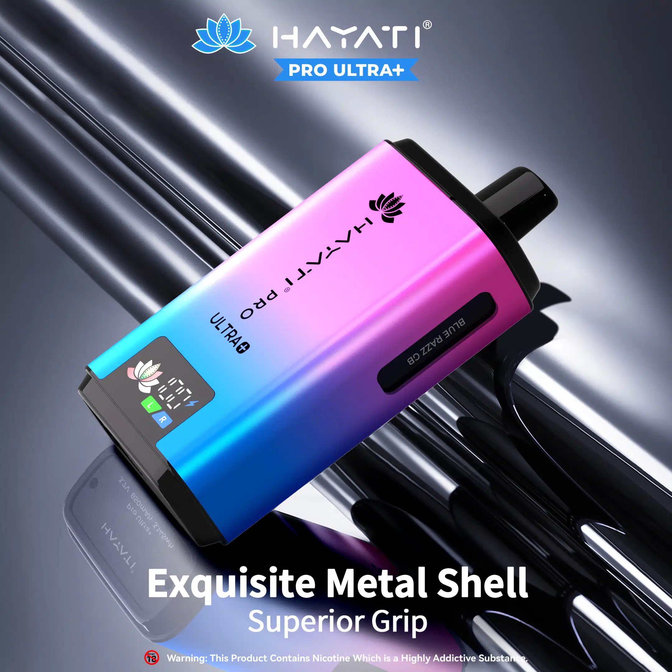 Hayati Pro Ultra Plus 25000 vape with exquisite metal shell in gradient colors, labeled "Exquisite Metal Shell Superior Grip.