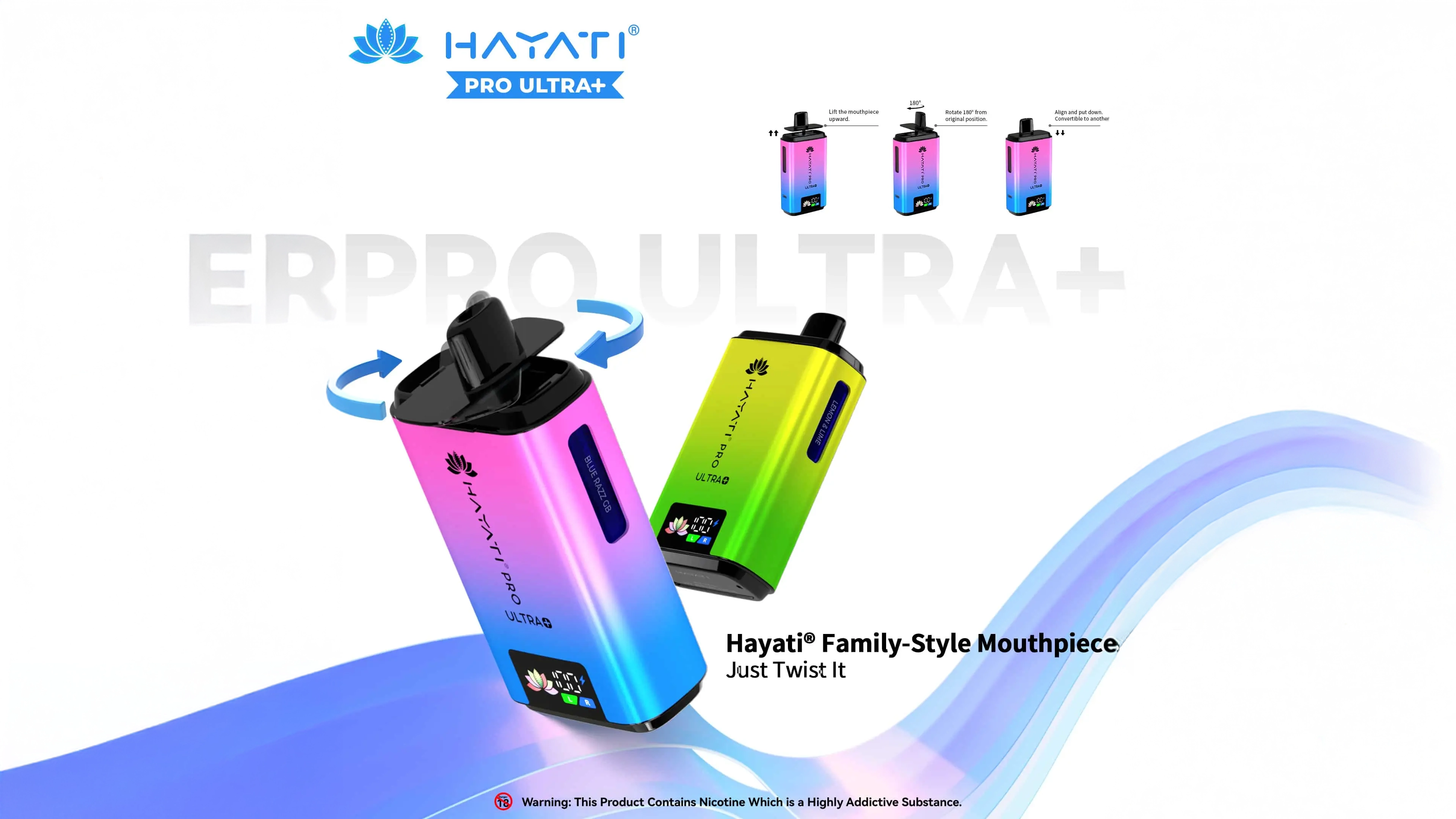 Hayati Pro Ultra Plus 25000 vape with family-style mouthpiece, showing a twist mechanism, labeled 