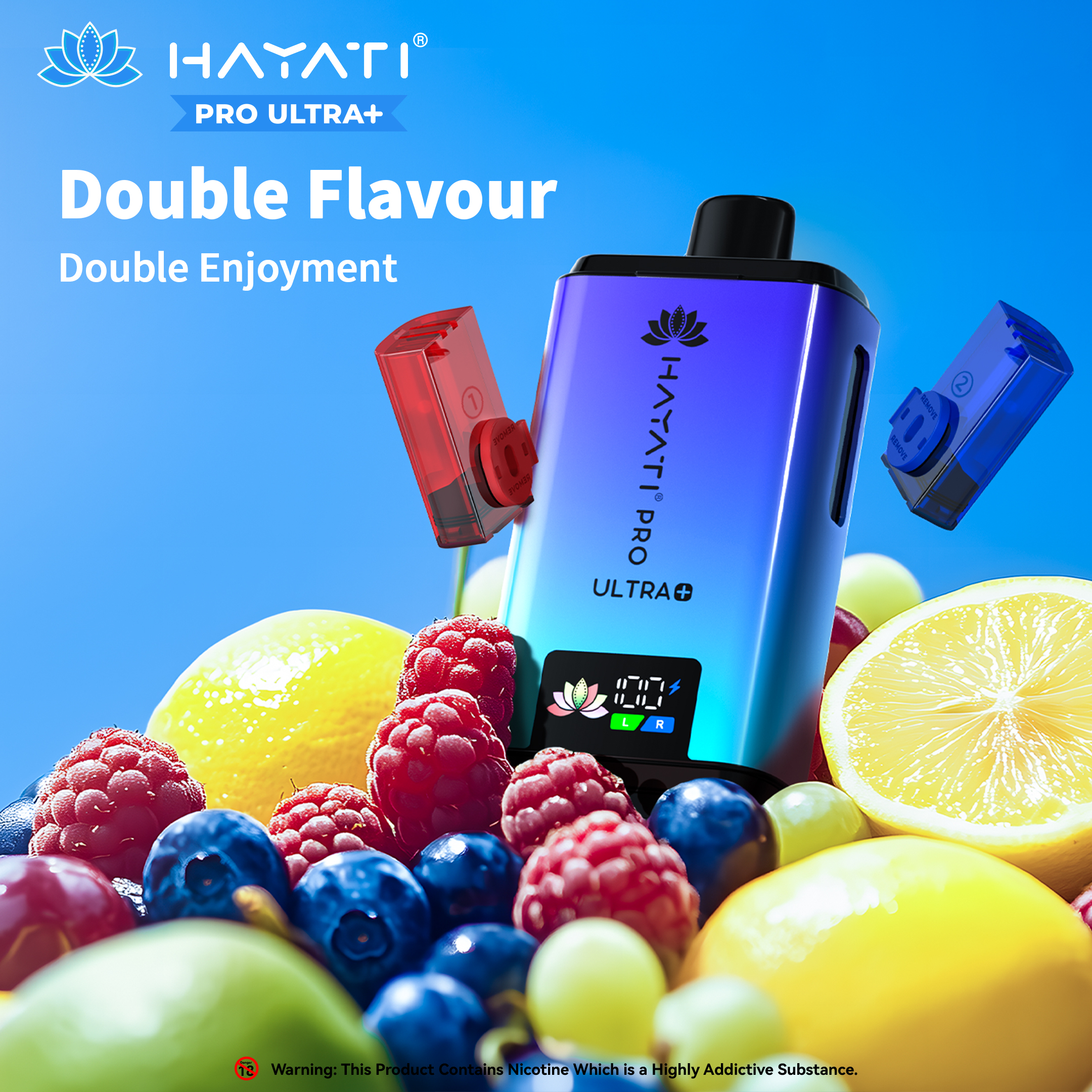 Hayati Pro Ultra Plus 25000 vape with dual flavors, surrounded by fruits, labeled "Double Flavour Double Enjoyment.