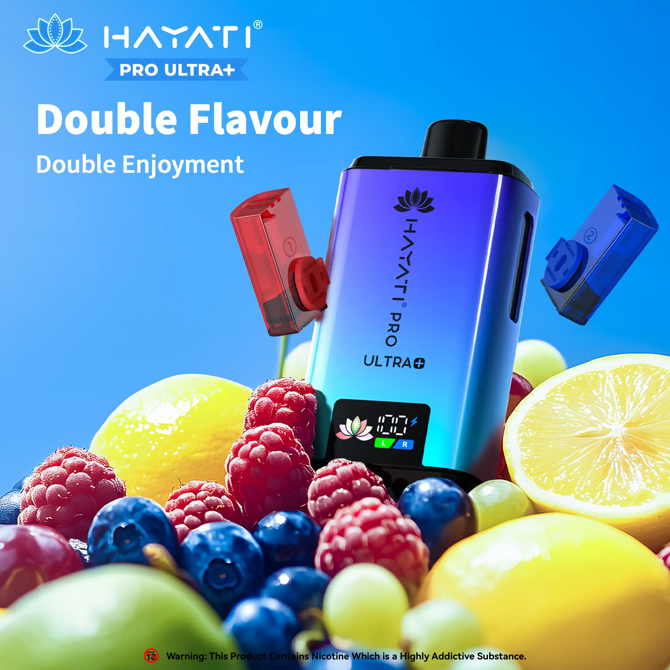 Hayati Pro Ultra Plus 25000 vape with dual flavors, surrounded by fruits, labeled "Double Flavour Double Enjoyment.
