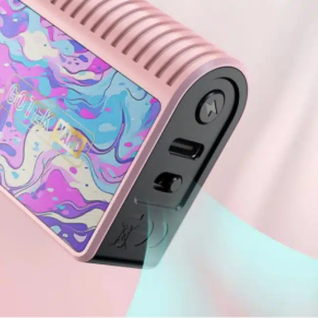 This image shows the GoteK Nano in a pink color with a vibrant marble design, highlighting the adjustable airflow slider and control buttons on the side, emphasizing customization and ease of use.
