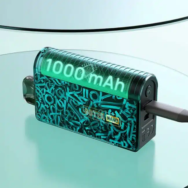 This image shows the GoteK Nano in a teal color with a USB-C cable connected, and "1000 mAh" prominently displayed, highlighting the battery and charging feature.