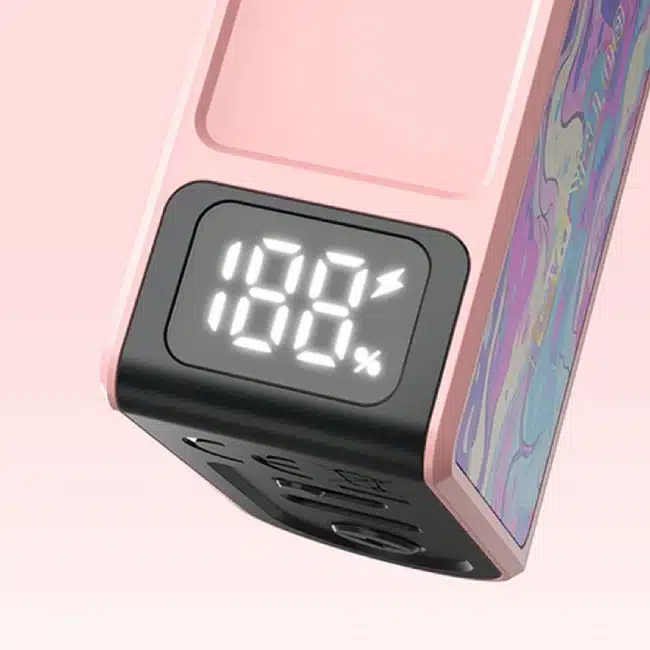 This image shows the GoteK Nano in a vibrant pink color with a clear LED screen displaying "100%" battery life, emphasizing the battery status feature.