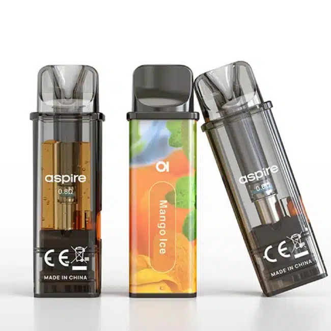 This image showcases three GoteK Nano pods, one with a visible e-liquid level, another labeled "Mango Ice" with a 0.1Ω coil, and a third with a 0.6Ω coil, highlighting the variety of pod options and flavors.
